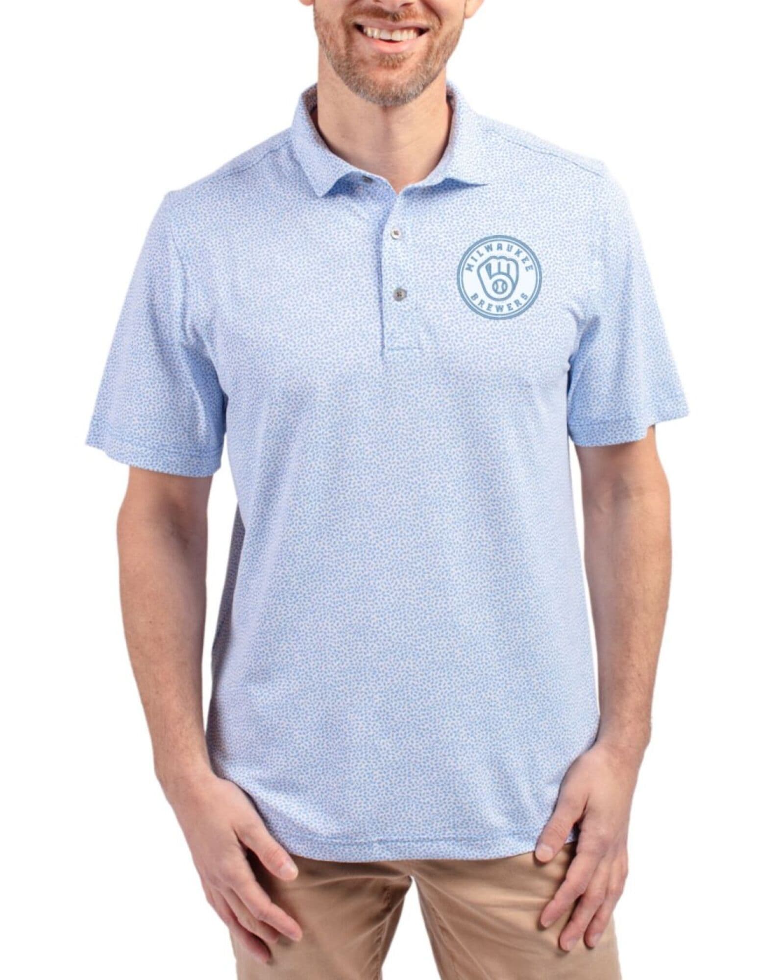 Men's Milwaukee Brewers Cutter & Buck Mono Atlas Virtue Botanical Print Featherlight Pique Polo