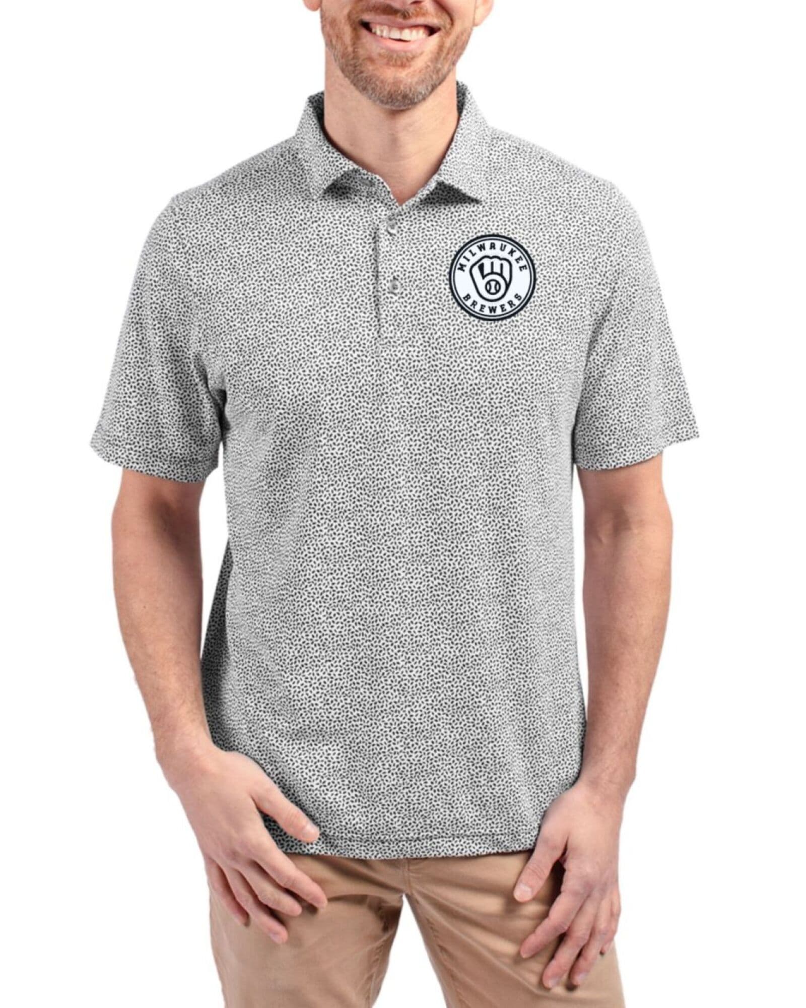 Men's Milwaukee Brewers Cutter & Buck Mono Black Virtue Botanical Print Featherlight Pique Polo