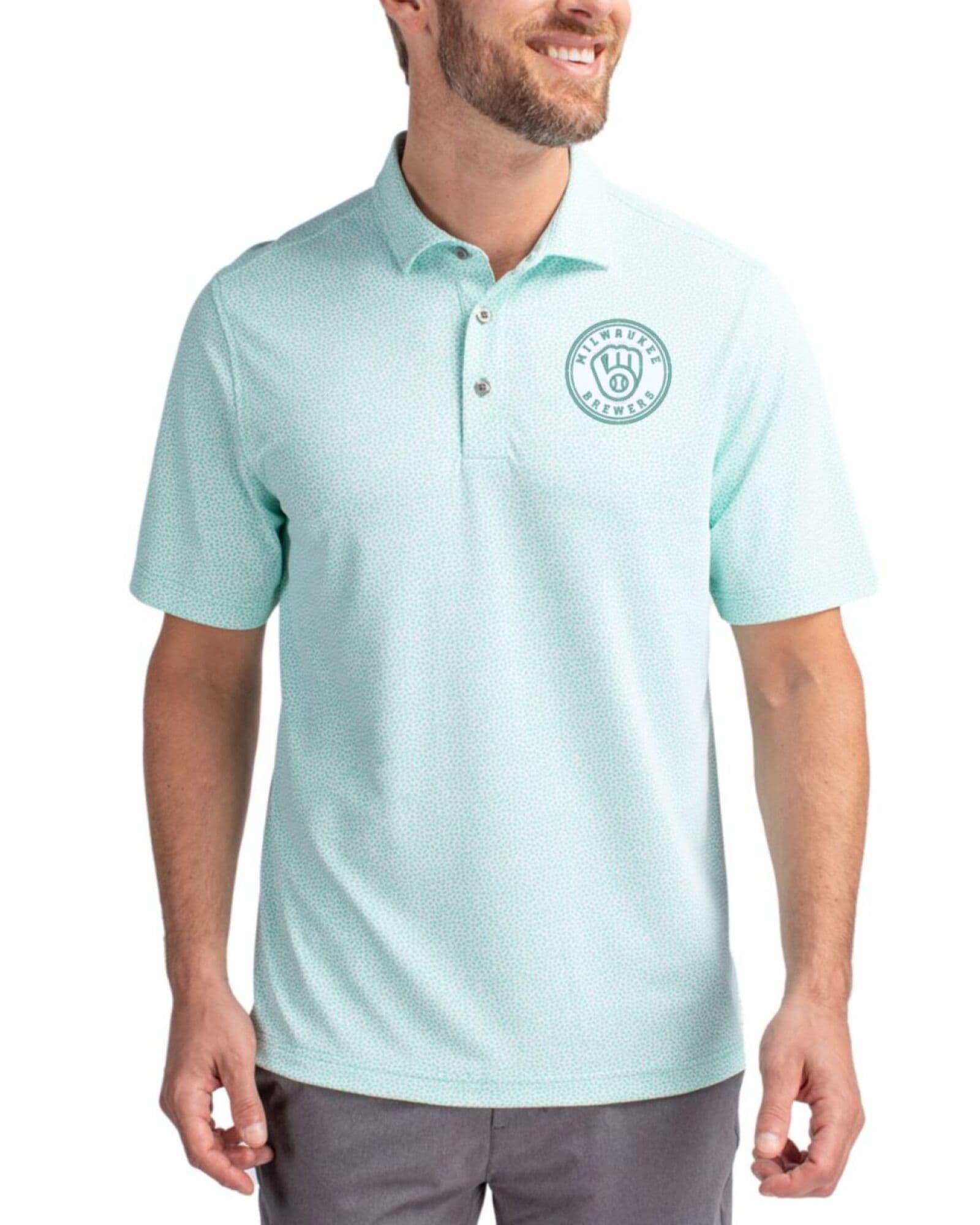 Men's Milwaukee Brewers Cutter & Buck Mono Fresh Mint Virtue Botanical Print Featherlight Pique Polo