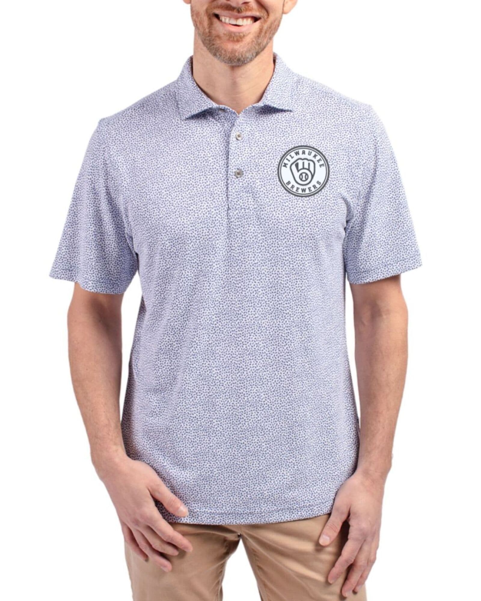 Men's Milwaukee Brewers Cutter & Buck Mono Hyacinth Virtue Botanical Print Featherlight Pique Polo