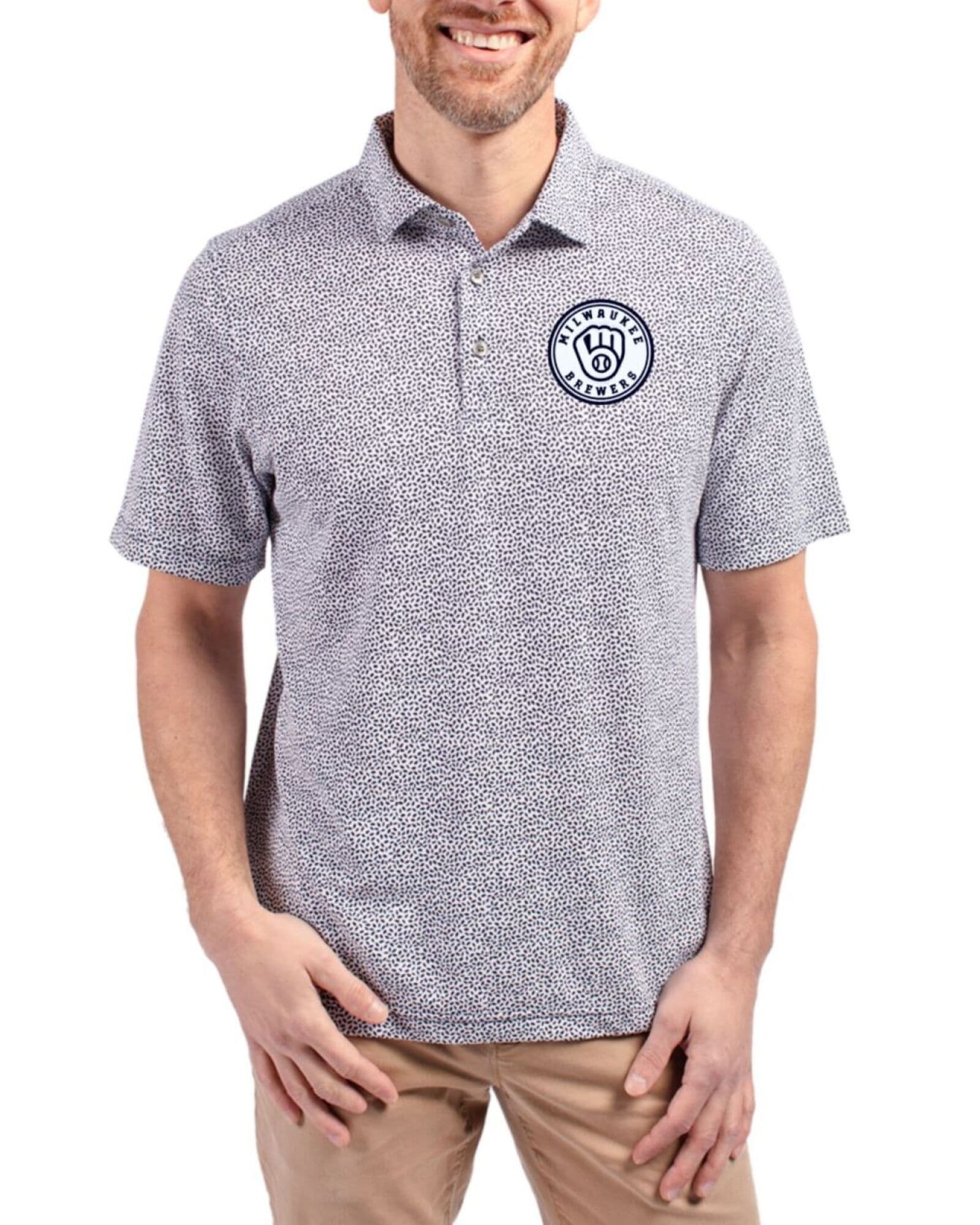Men's Milwaukee Brewers Cutter & Buck Mono Navy Blue Virtue Botanical Print Featherlight Pique Polo