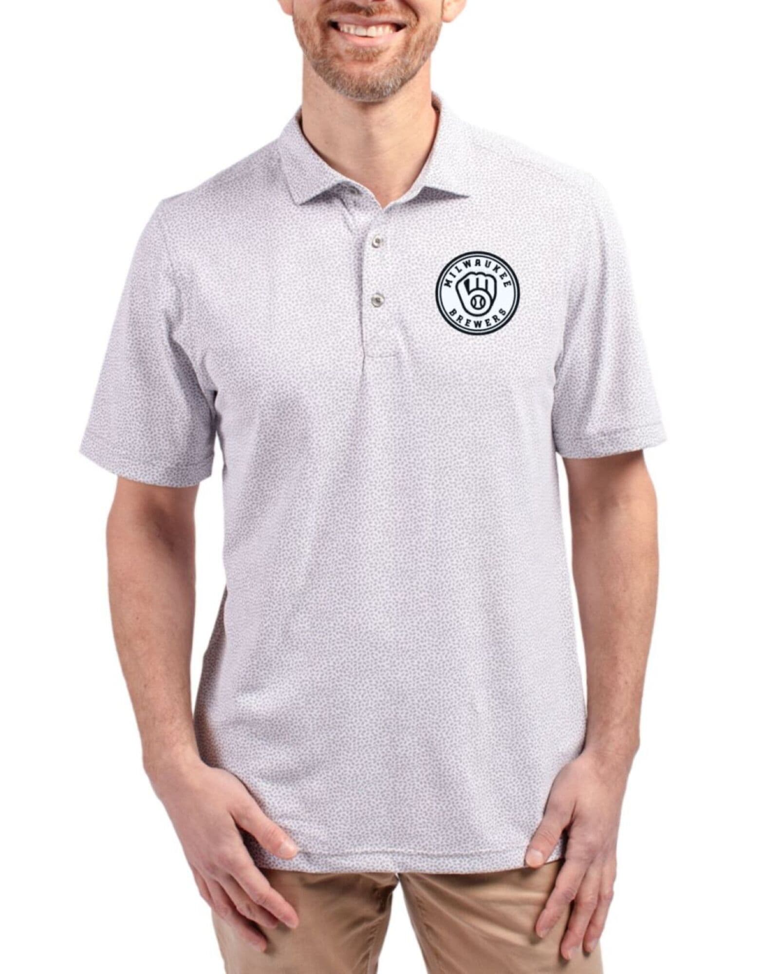 Men's Milwaukee Brewers Cutter & Buck Mono Polished Virtue Botanical Print Featherlight Pique Polo