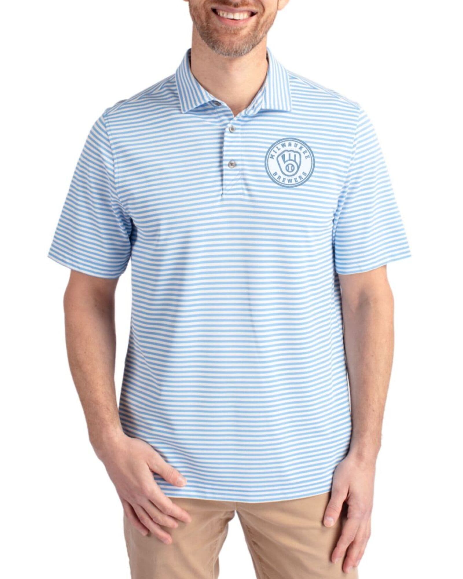 Men's Milwaukee Brewers Cutter & Buck Mono Atlas Virtue Stripe Featherlight Pique Polo