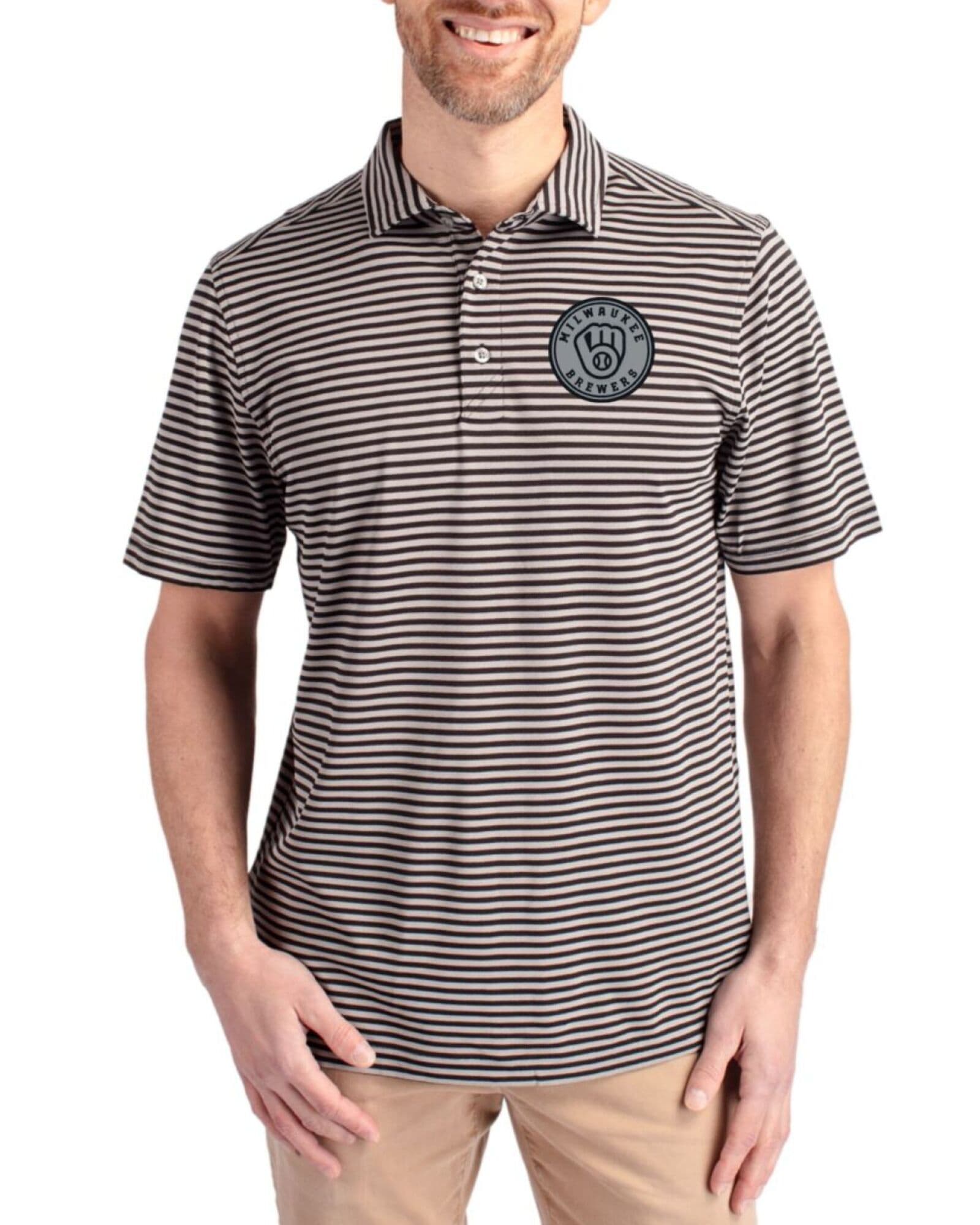 Men's Milwaukee Brewers Cutter & Buck Mono Black Virtue Stripe Featherlight Pique Polo