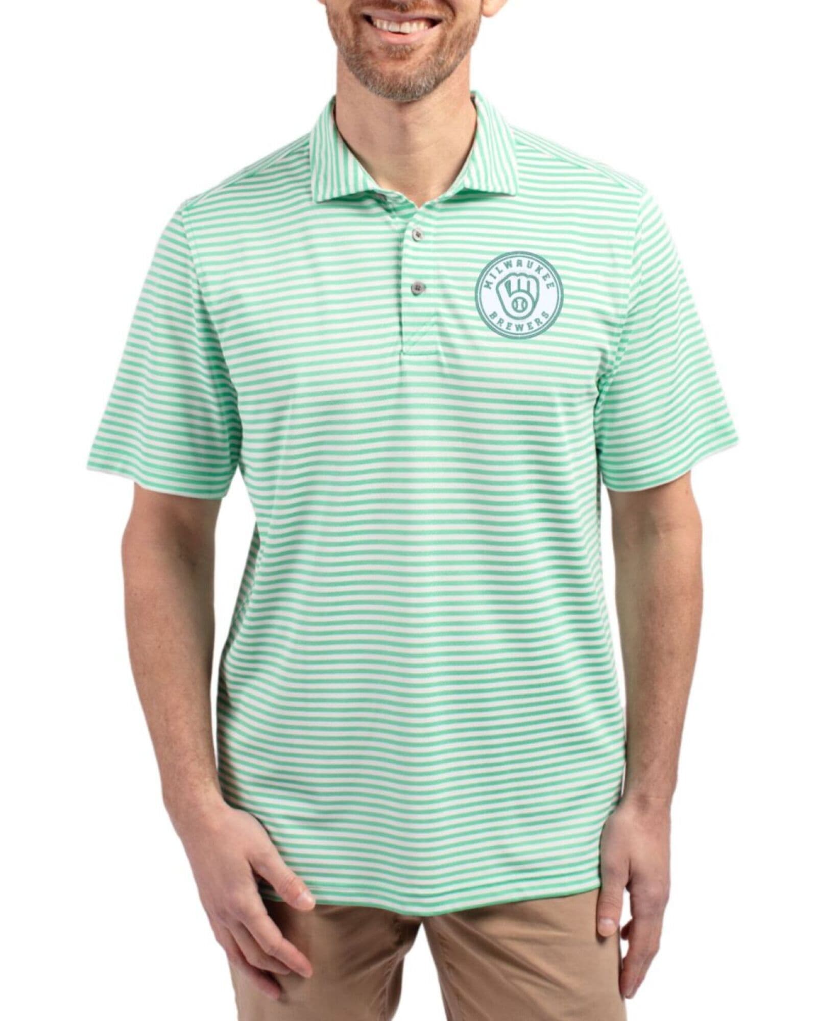 Men's Milwaukee Brewers Cutter & Buck Mono Fresh Mint Virtue Stripe Featherlight Pique Polo