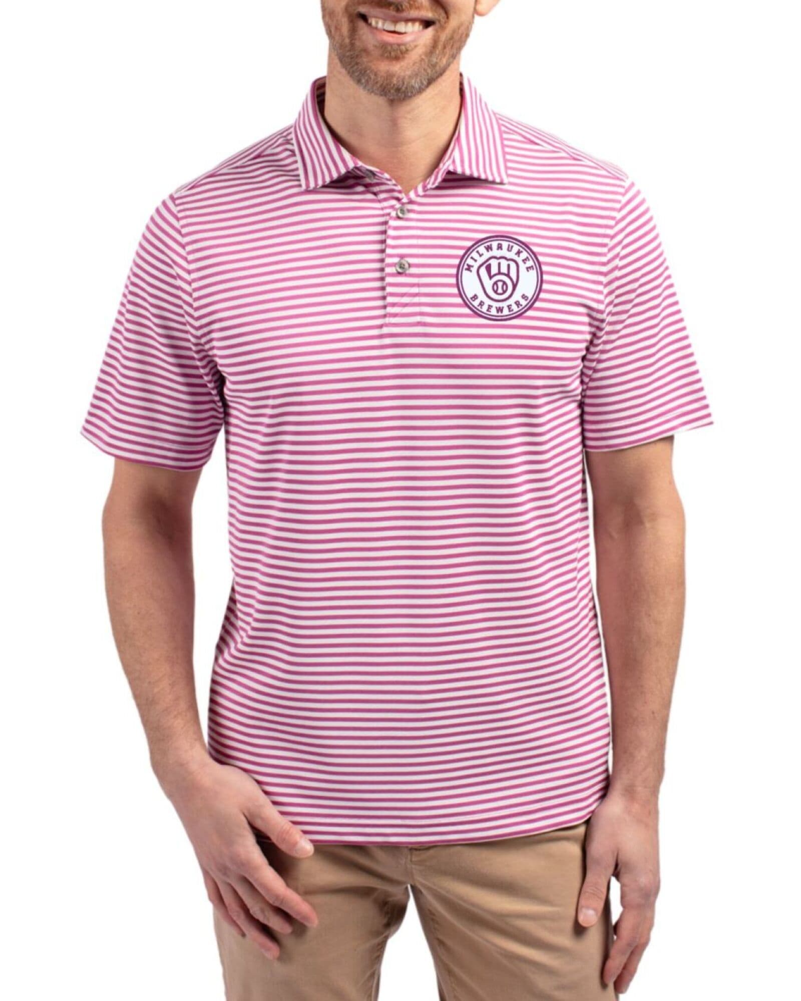 Men's Milwaukee Brewers Cutter & Buck Mono Gelato Virtue Stripe Featherlight Pique Polo