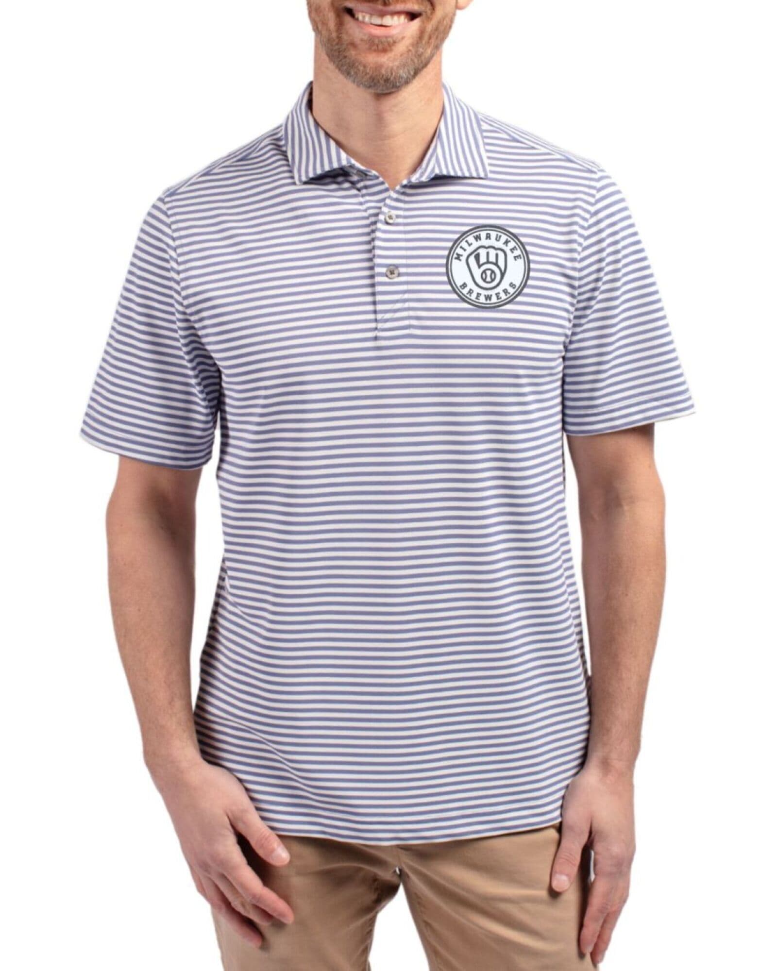 Men's Milwaukee Brewers Cutter & Buck Mono Hyacinth Virtue Stripe Featherlight Pique Polo