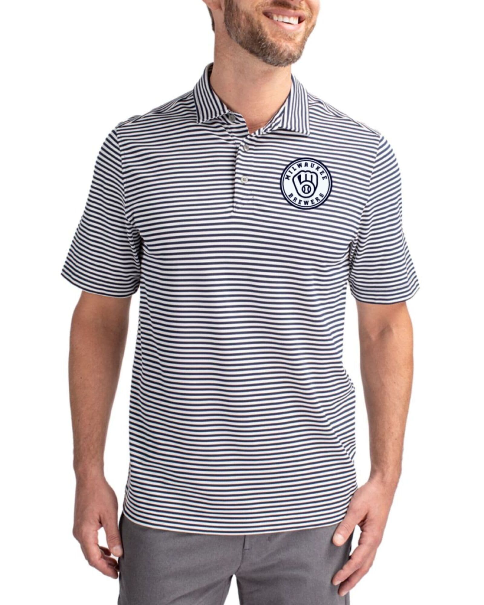 Men's Milwaukee Brewers Cutter & Buck Mono Navy Blue Virtue Stripe Featherlight Pique Polo