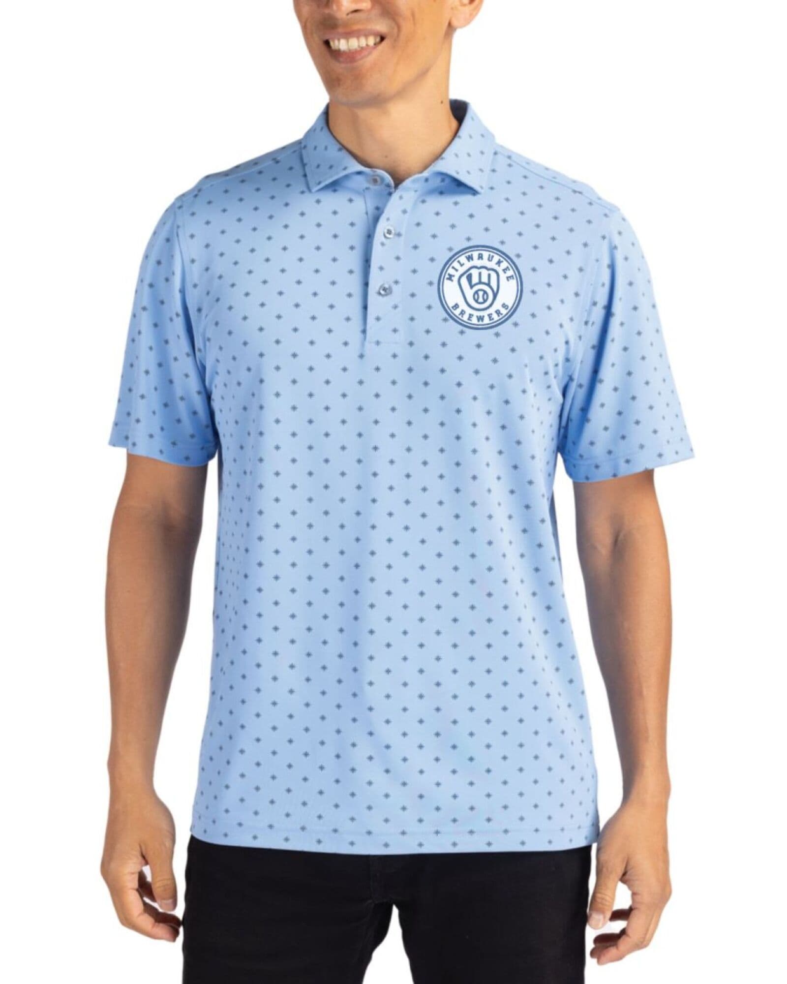 Men's Milwaukee Brewers Cutter & Buck Mono Atlas Virtue Tile Print Featherlight Pique Polo