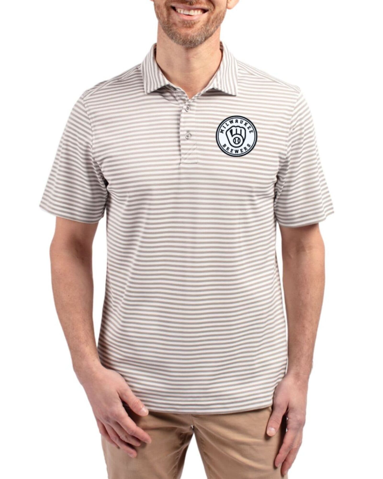 Men's Milwaukee Brewers Cutter & Buck Mono Polished Virtue Stripe Featherlight Pique Polo