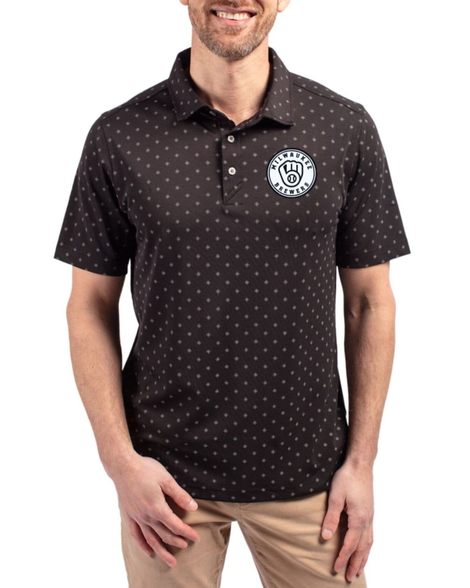Men's Milwaukee Brewers Cutter & Buck Mono Black Virtue Tile Print Featherlight Pique Polo