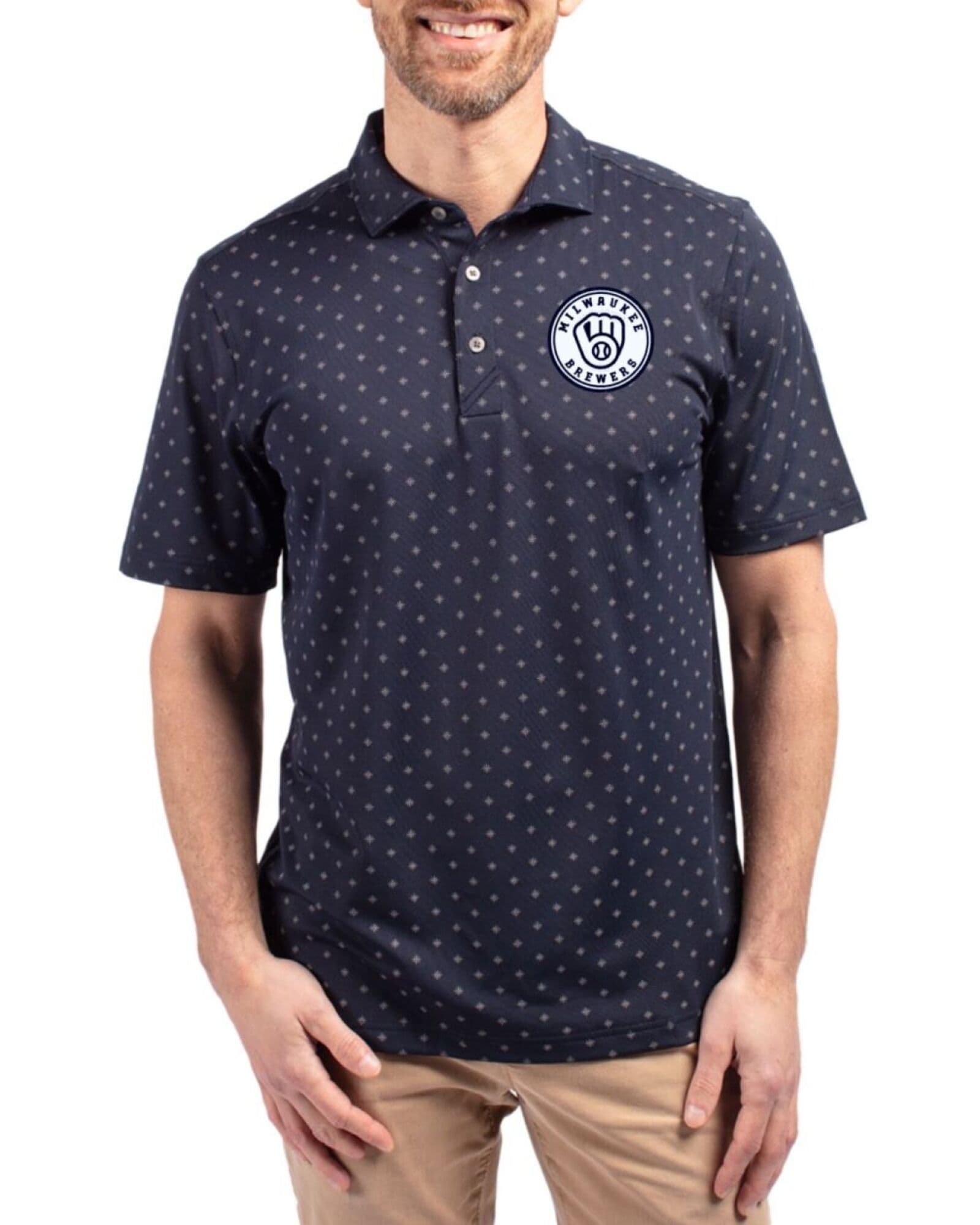 Men's Milwaukee Brewers Cutter & Buck Mono Navy Blue Virtue Tile Print Featherlight Pique Polo