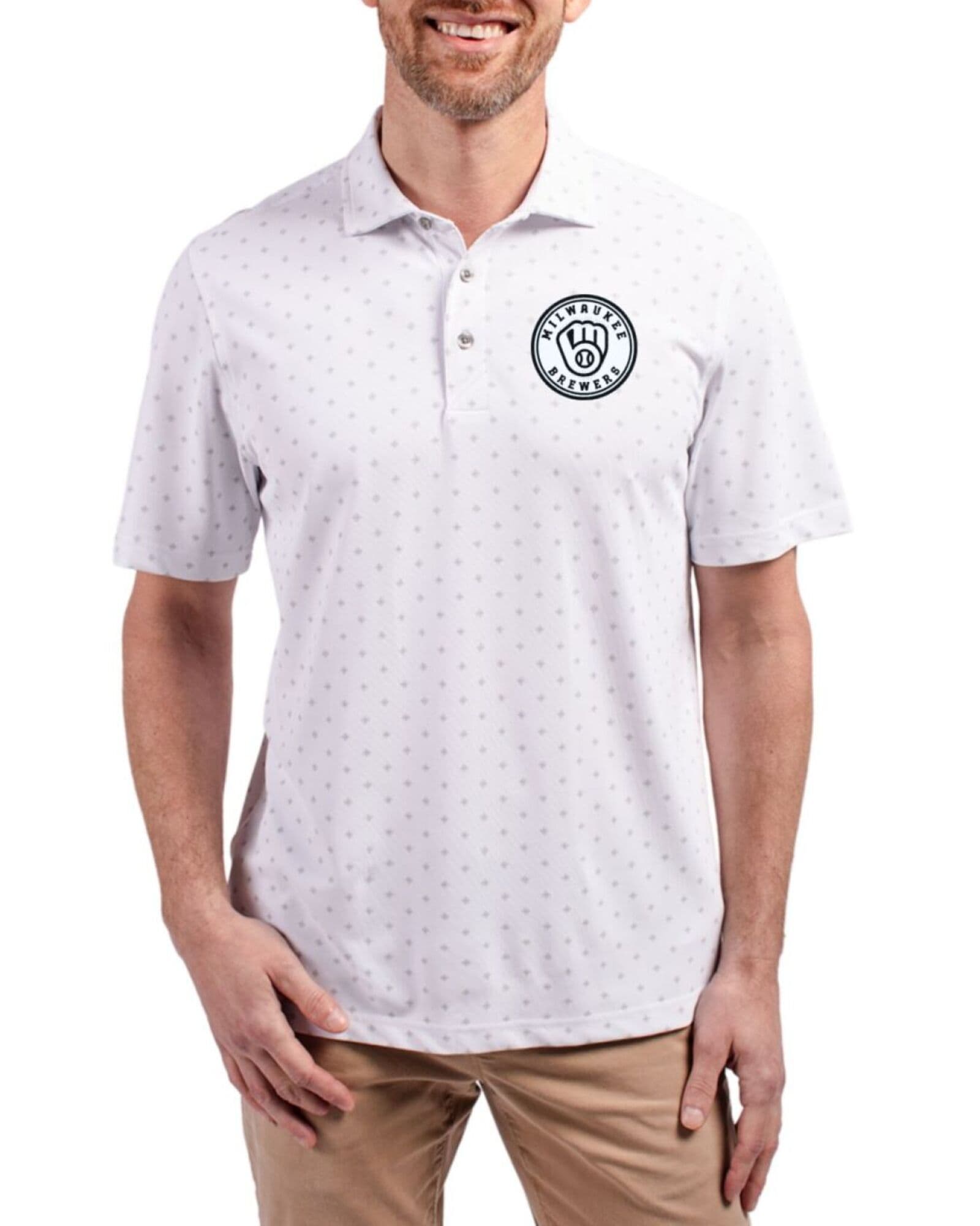 Men's Milwaukee Brewers Cutter & Buck Mono White Virtue Tile Print Featherlight Pique Polo