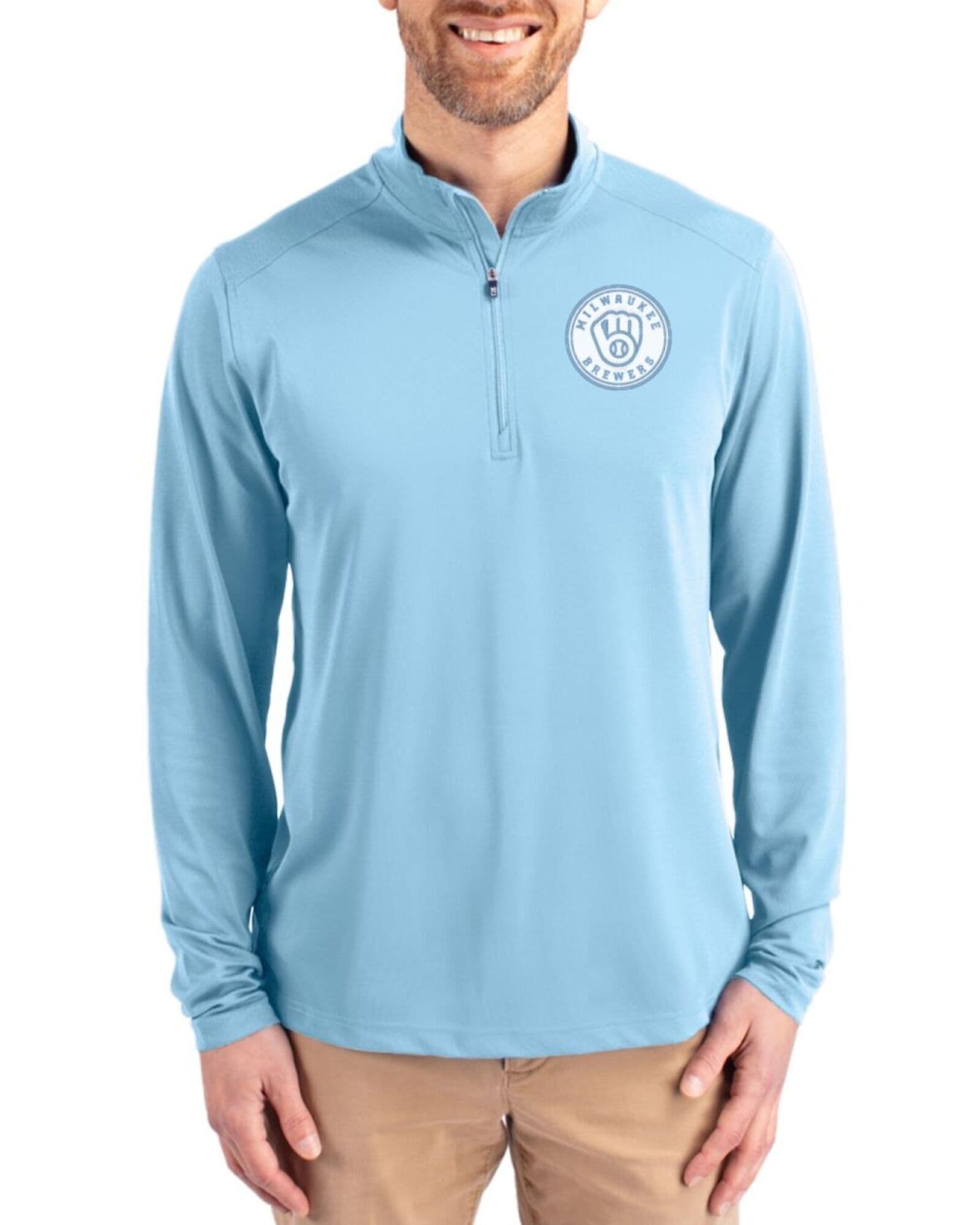 Men's Milwaukee Brewers Cutter & Buck Mono Atlas Virtue Featherlight Pique Quarter Zip Pullover