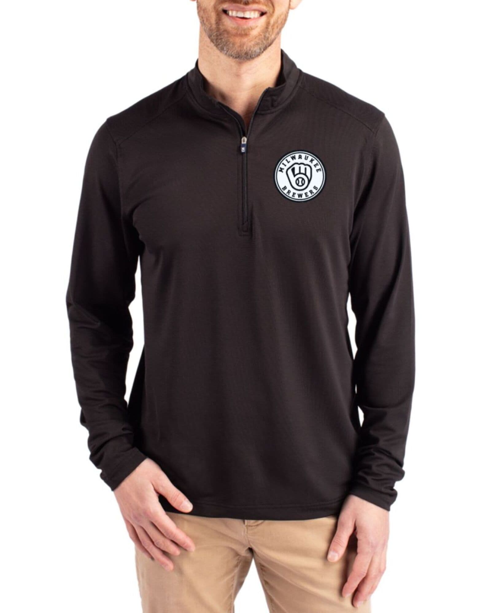Men's Milwaukee Brewers Cutter & Buck Mono Black Virtue Featherlight Pique Quarter Zip Pullover