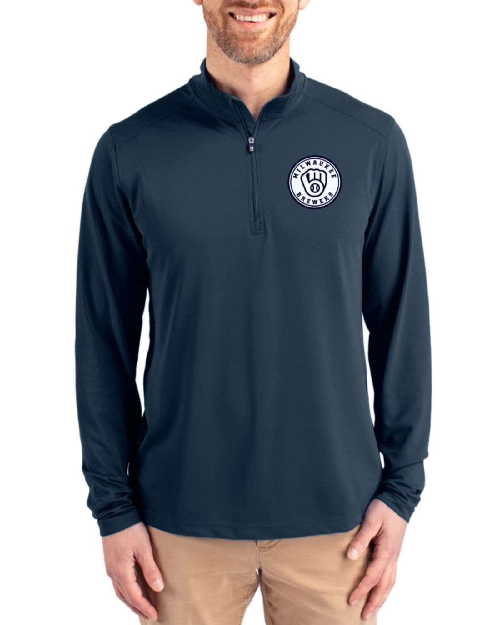 Men's Milwaukee Brewers Cutter & Buck Mono Navy Blue Virtue Featherlight Pique Quarter Zip Pullover