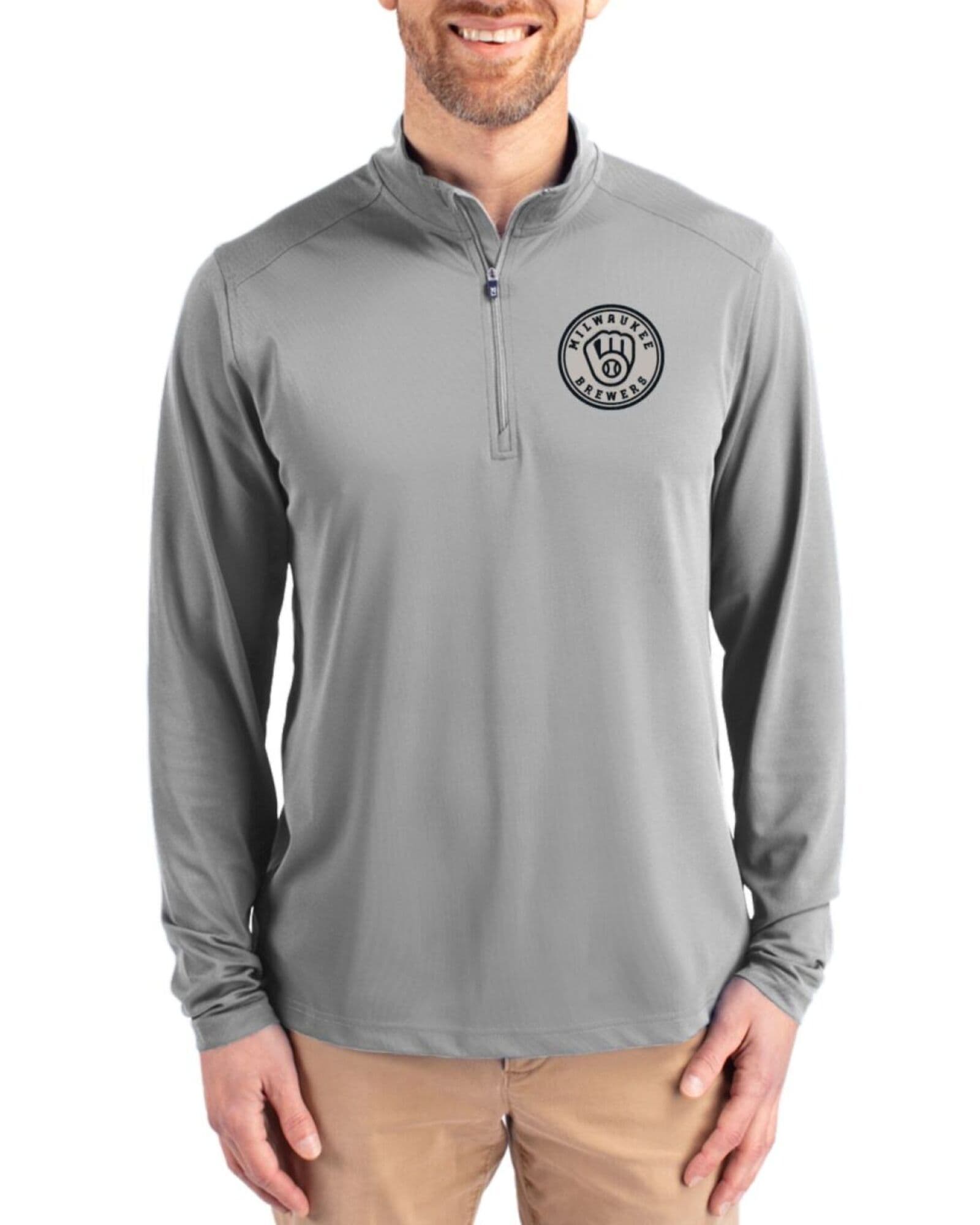 Men's Milwaukee Brewers Cutter & Buck Mono Polished Virtue Featherlight Pique Quarter Zip Pullover