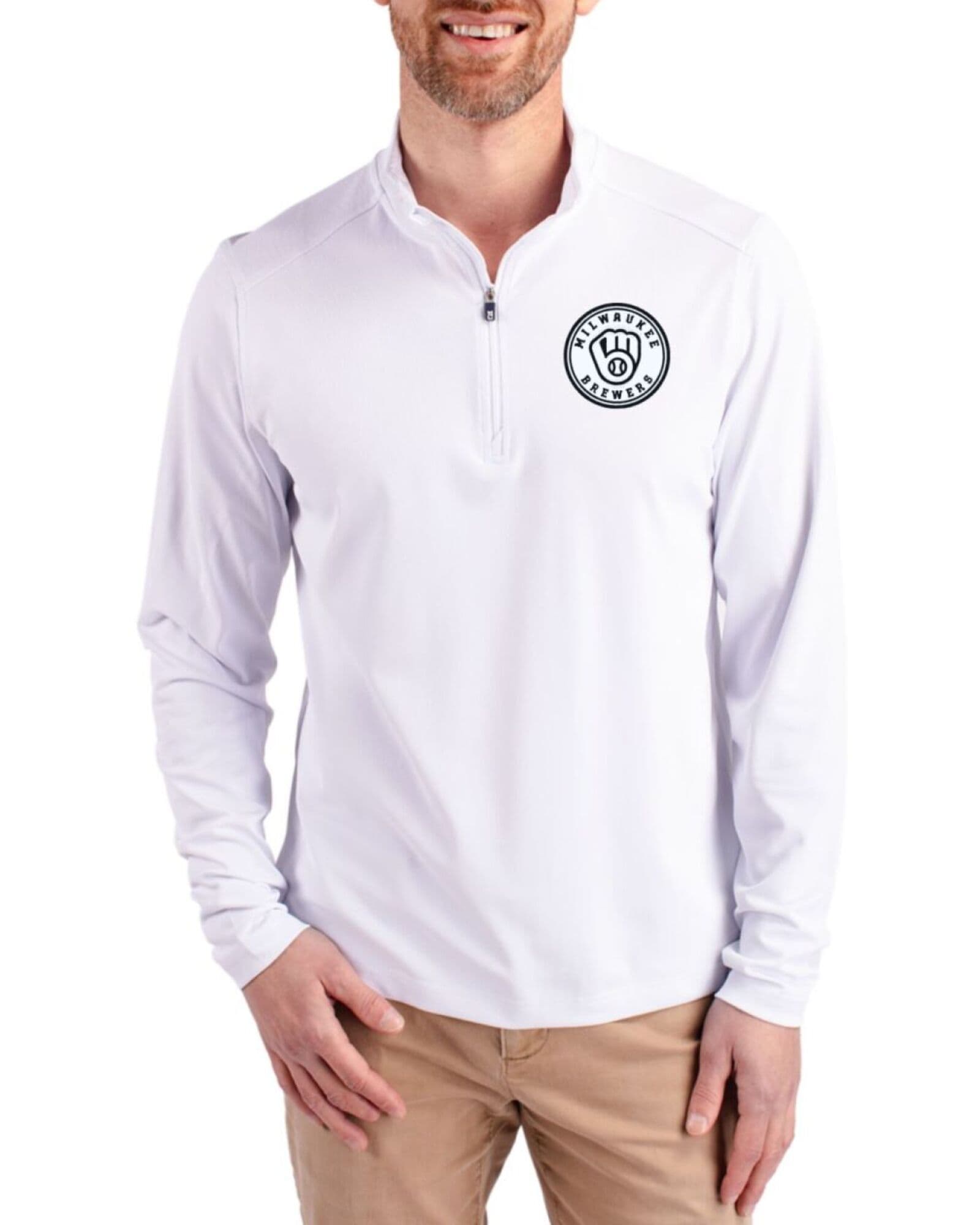 Men's Milwaukee Brewers Cutter & Buck Mono White Virtue Featherlight Pique Quarter Zip Pullover