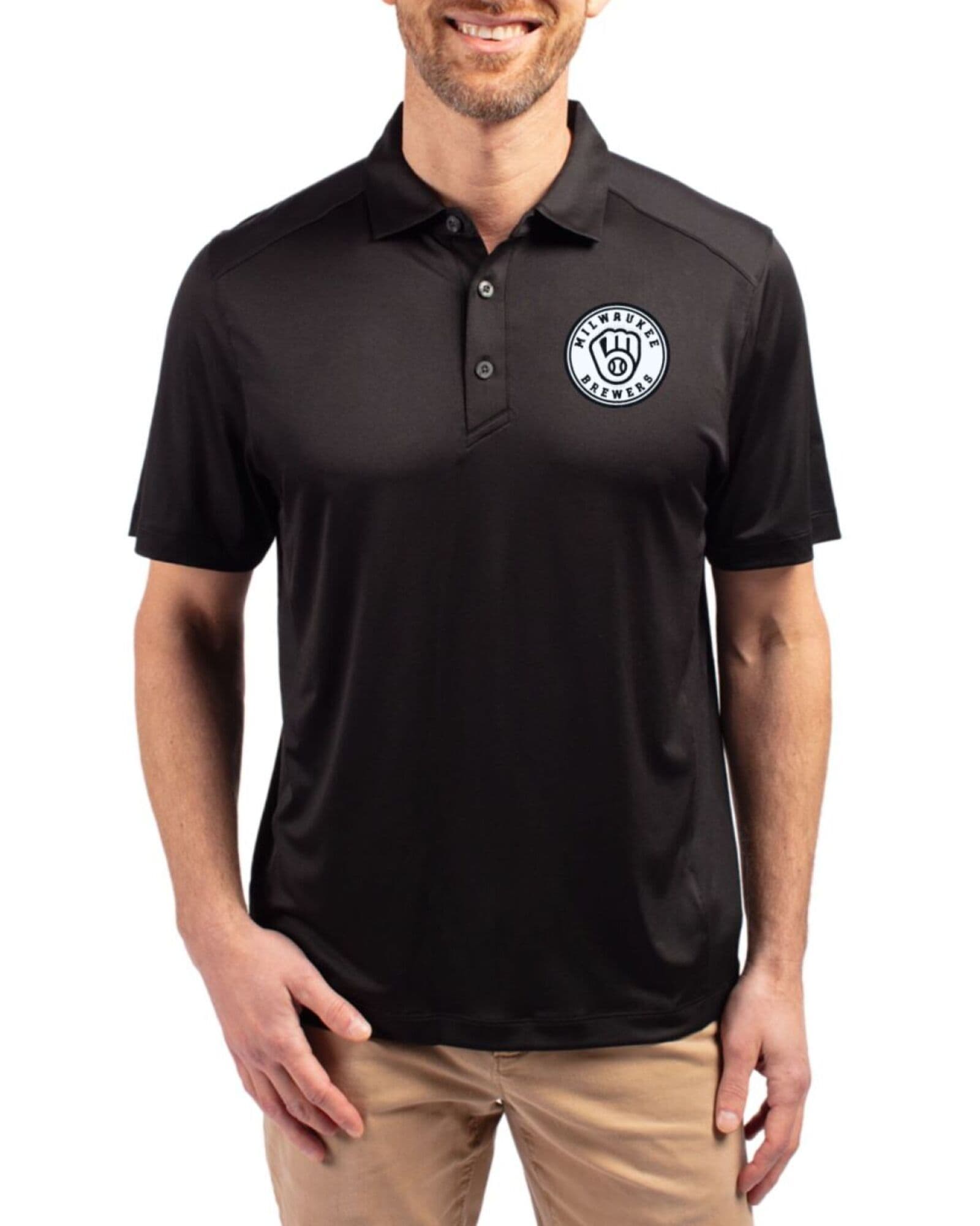 Men's Milwaukee Brewers Cutter & Buck Mono Black Forge Four-Way Stretch Polo