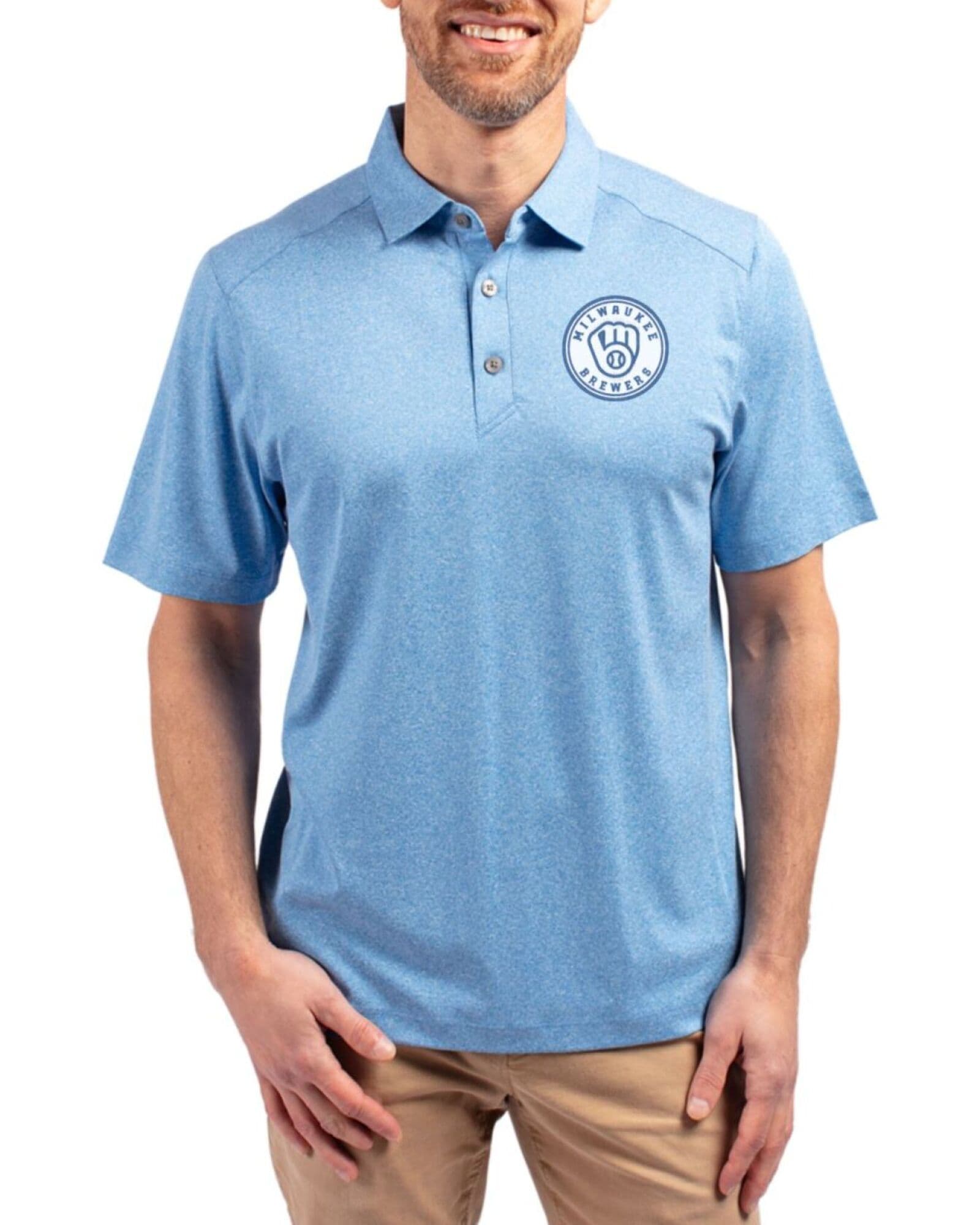 Men's Milwaukee Brewers Cutter & Buck Mono Dark Atlas Heather Forge Four-Way Stretch Polo