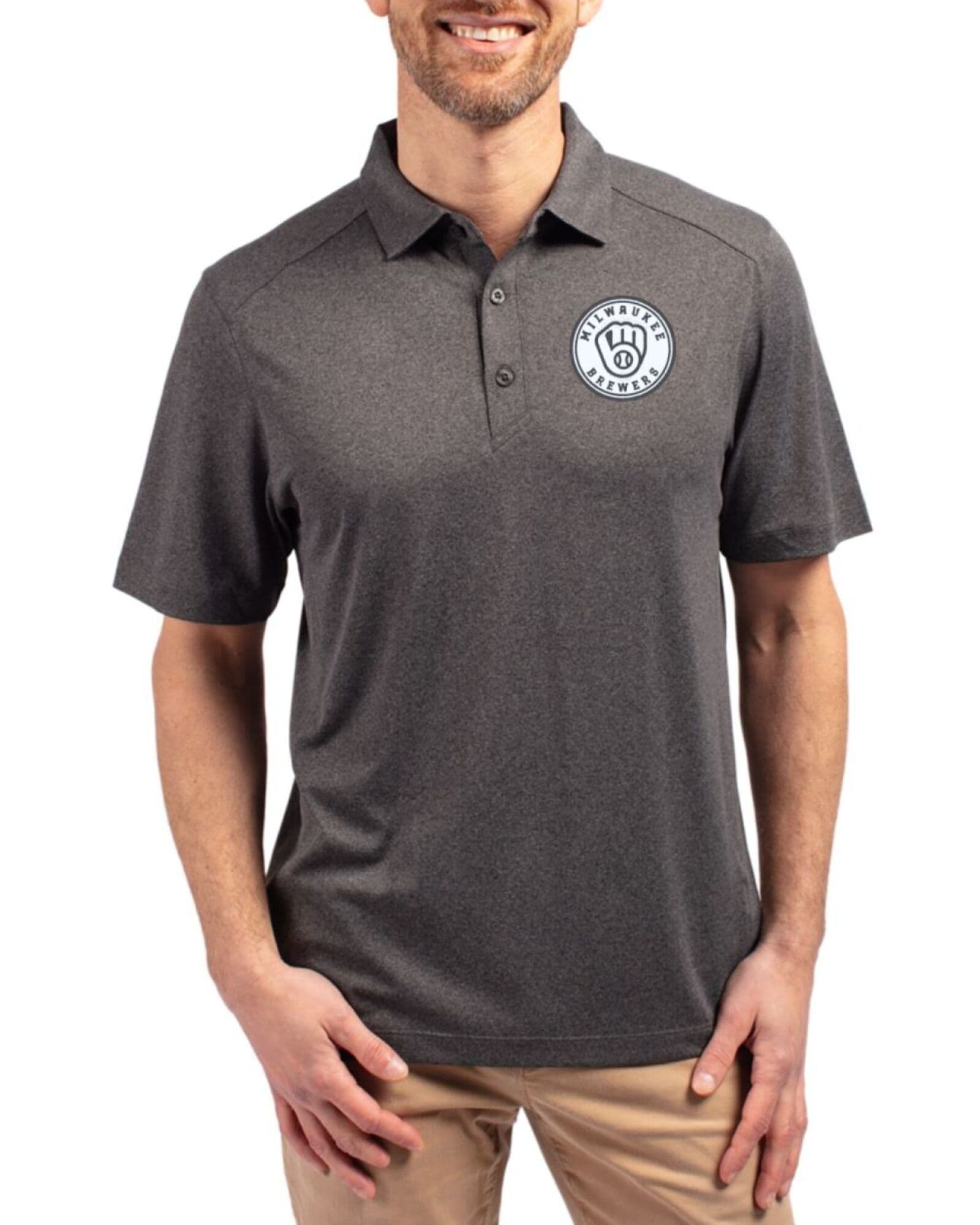 Men's Milwaukee Brewers Cutter & Buck Mono Dark Black Heather Forge Four-Way Stretch Polo