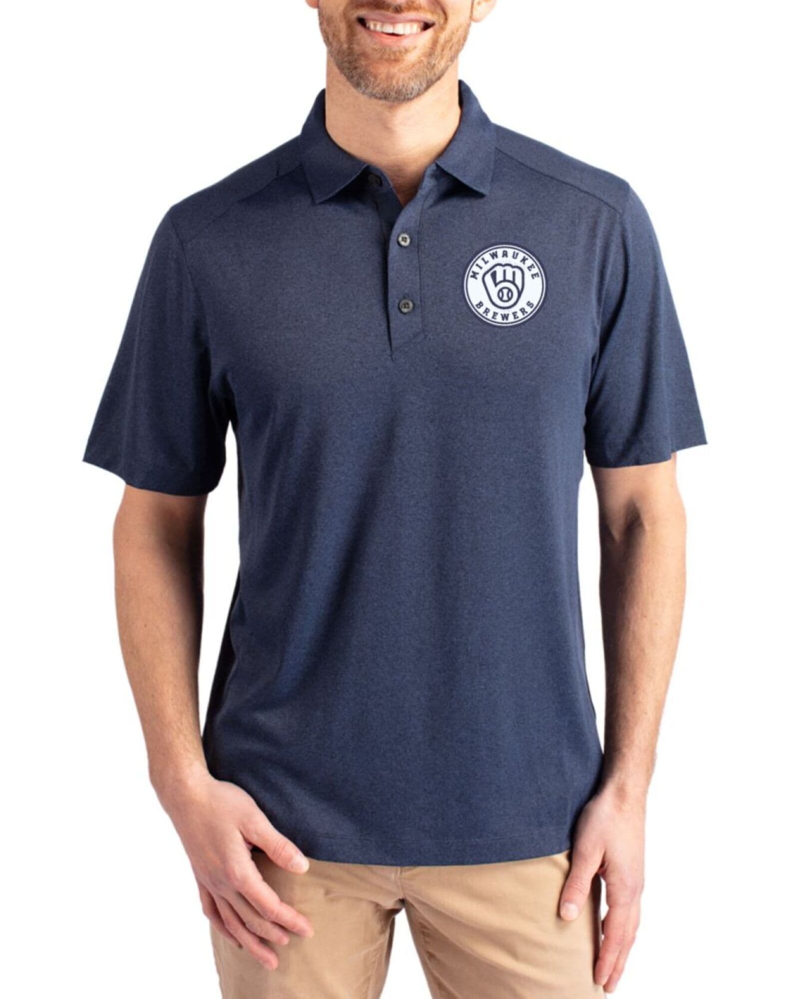 Men's Milwaukee Brewers Cutter & Buck Mono Dark Navy Blue Heather Forge Four-Way Stretch Polo