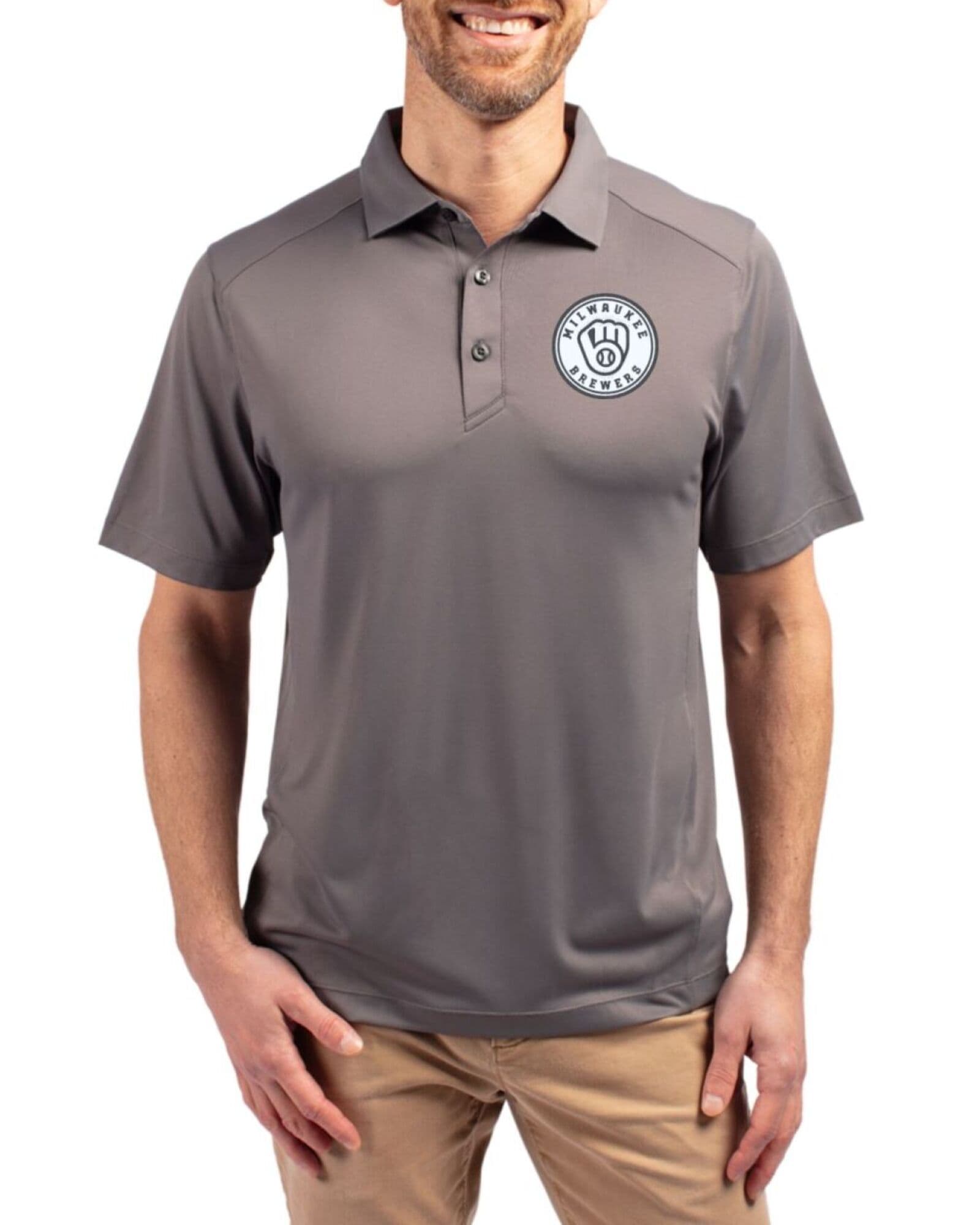 Men's Milwaukee Brewers Cutter & Buck Mono Elemental Grey Forge Four-Way Stretch Polo
