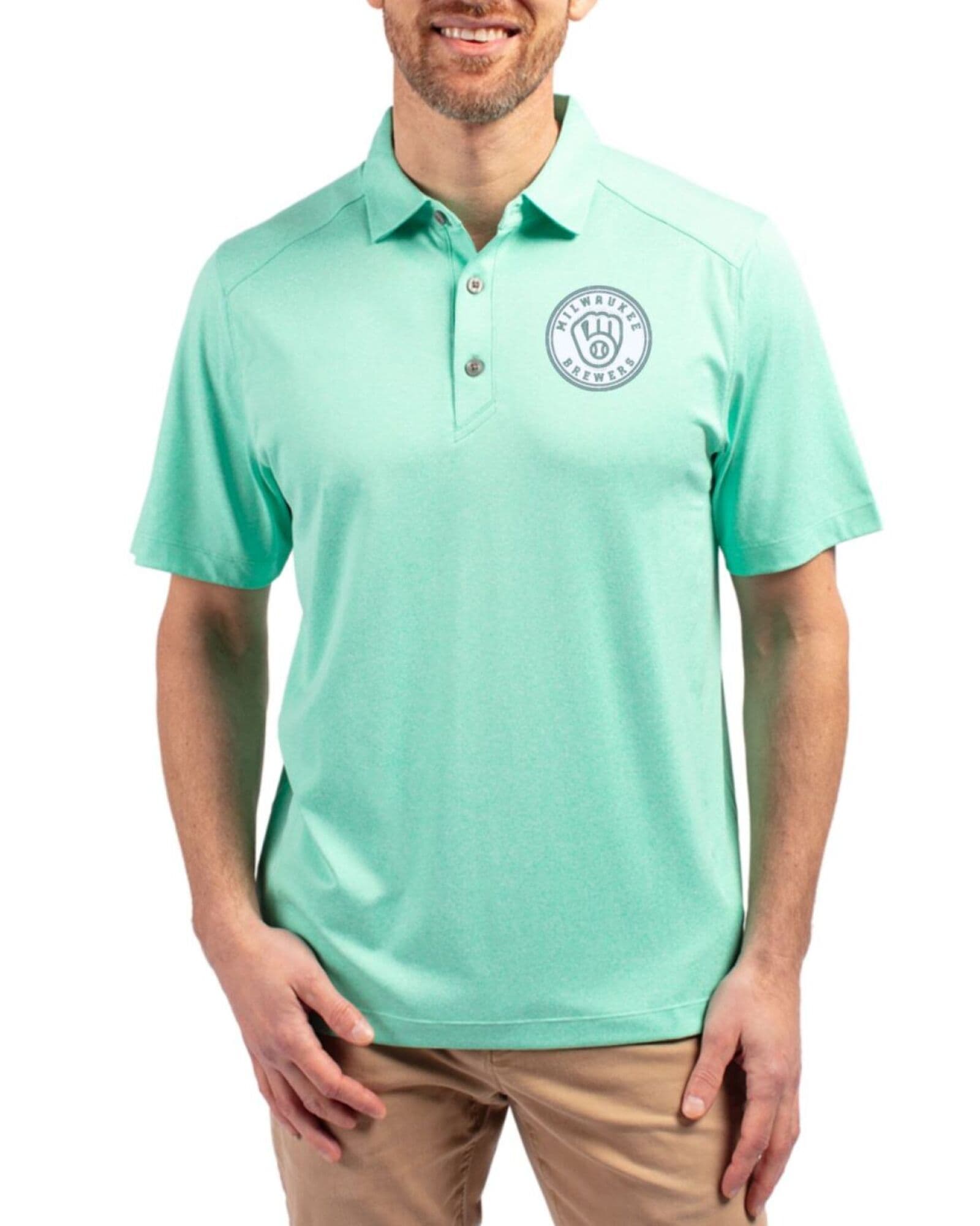 Men's Milwaukee Brewers Cutter & Buck Mono Fresh Mint Heather Forge Four-Way Stretch Polo