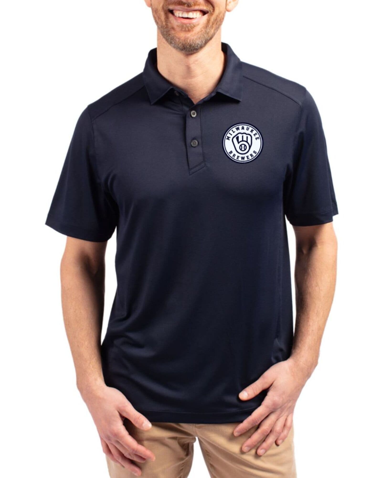 Men's Milwaukee Brewers Cutter & Buck Mono Navy Blue Forge Four-Way Stretch Polo