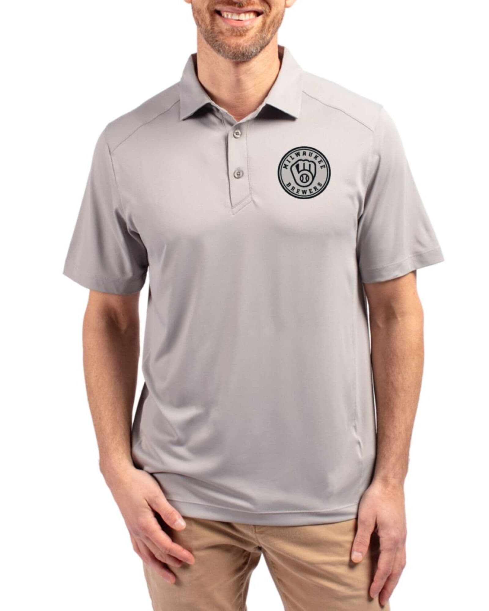 Men's Milwaukee Brewers Cutter & Buck Mono Polished Forge Four-Way Stretch Polo