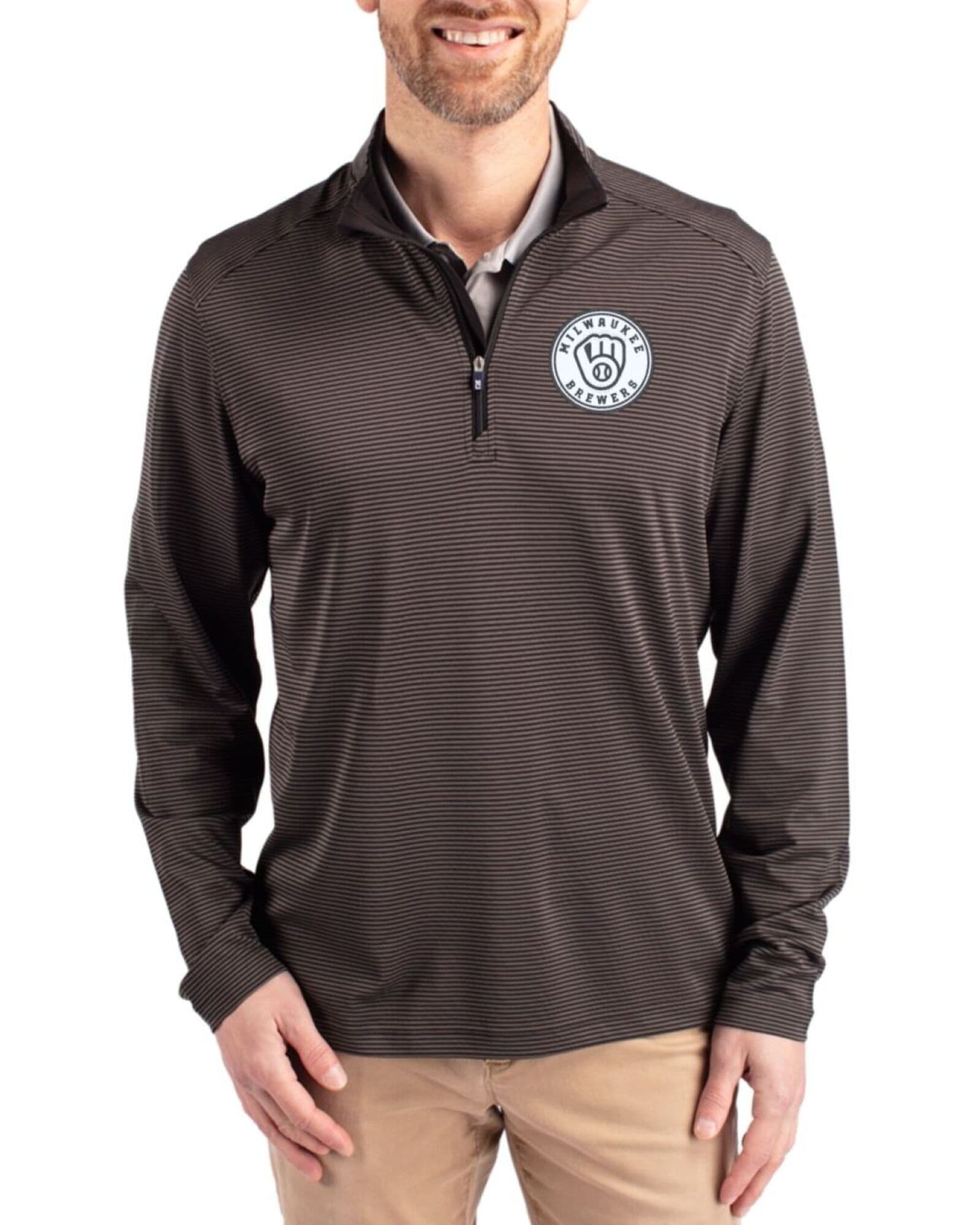 Men's Milwaukee Brewers Cutter & Buck Mono Black/Elemental Grey Virtue Micro Stripe Featherlight Pique Quarter Zip Pullover