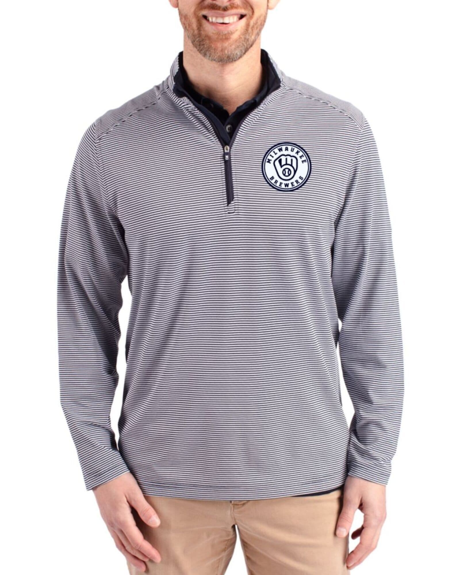 Men's Milwaukee Brewers Cutter & Buck Mono Navy Blue/White Virtue Micro Stripe Featherlight Pique Quarter Zip Pullover