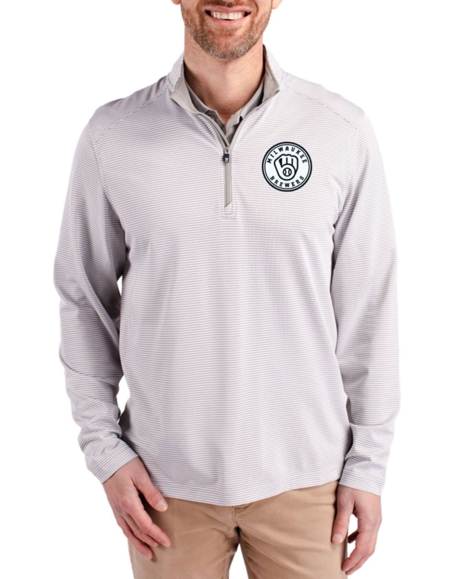 Men's Milwaukee Brewers Cutter & Buck Mono Polished/White Virtue Micro Stripe Featherlight Pique Quarter Zip Pullover