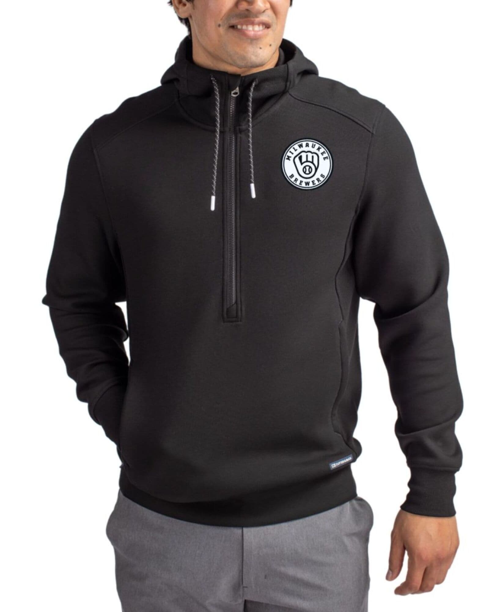 Men's Milwaukee Brewers Cutter & Buck Mono Black Roam Buttery-Soft Knit Half Zip Hooded Pullover