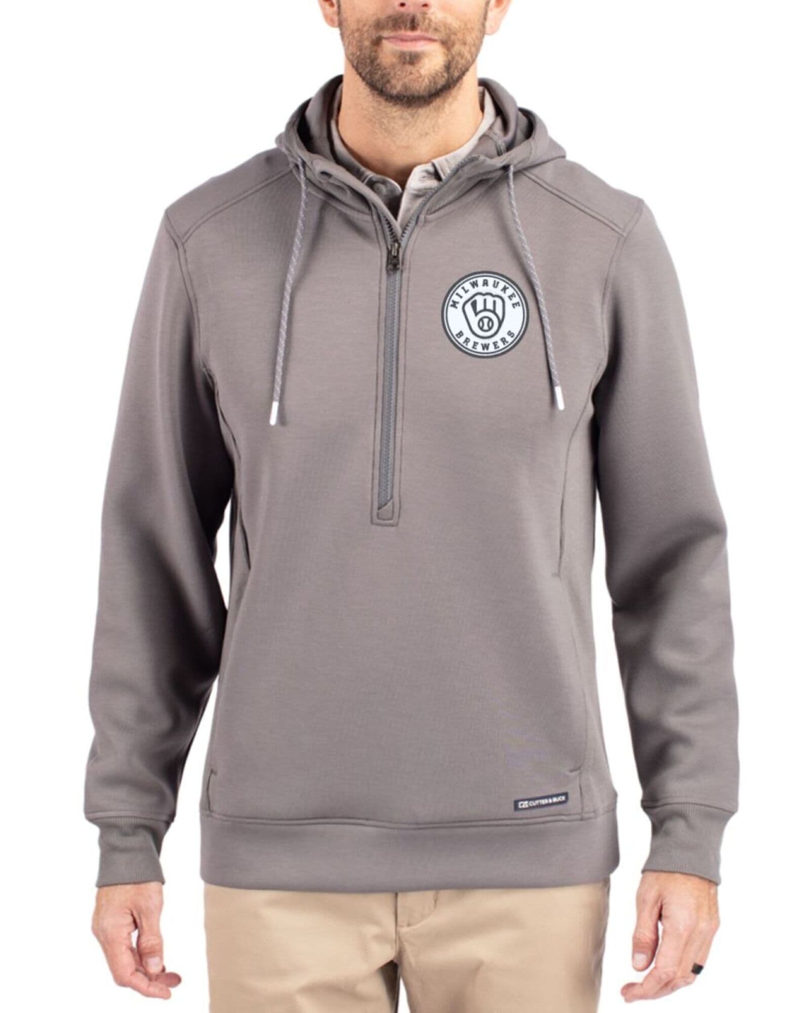 Men's Milwaukee Brewers Cutter & Buck Mono Elemental Grey Roam Buttery-Soft Knit Half Zip Hooded Pullover