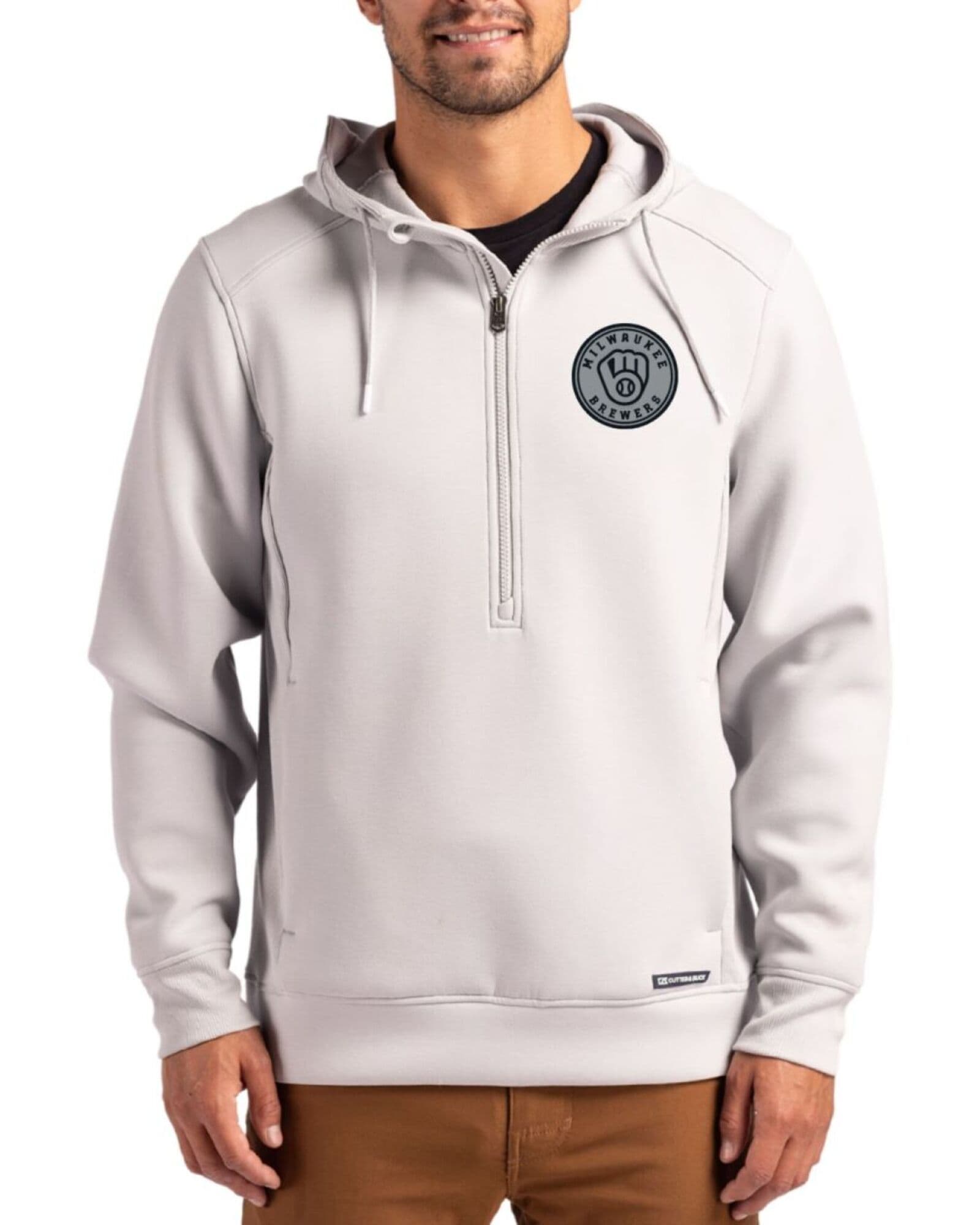 Men's Milwaukee Brewers Cutter & Buck Mono Solitare Roam Buttery-Soft Knit Half Zip Hooded Pullover