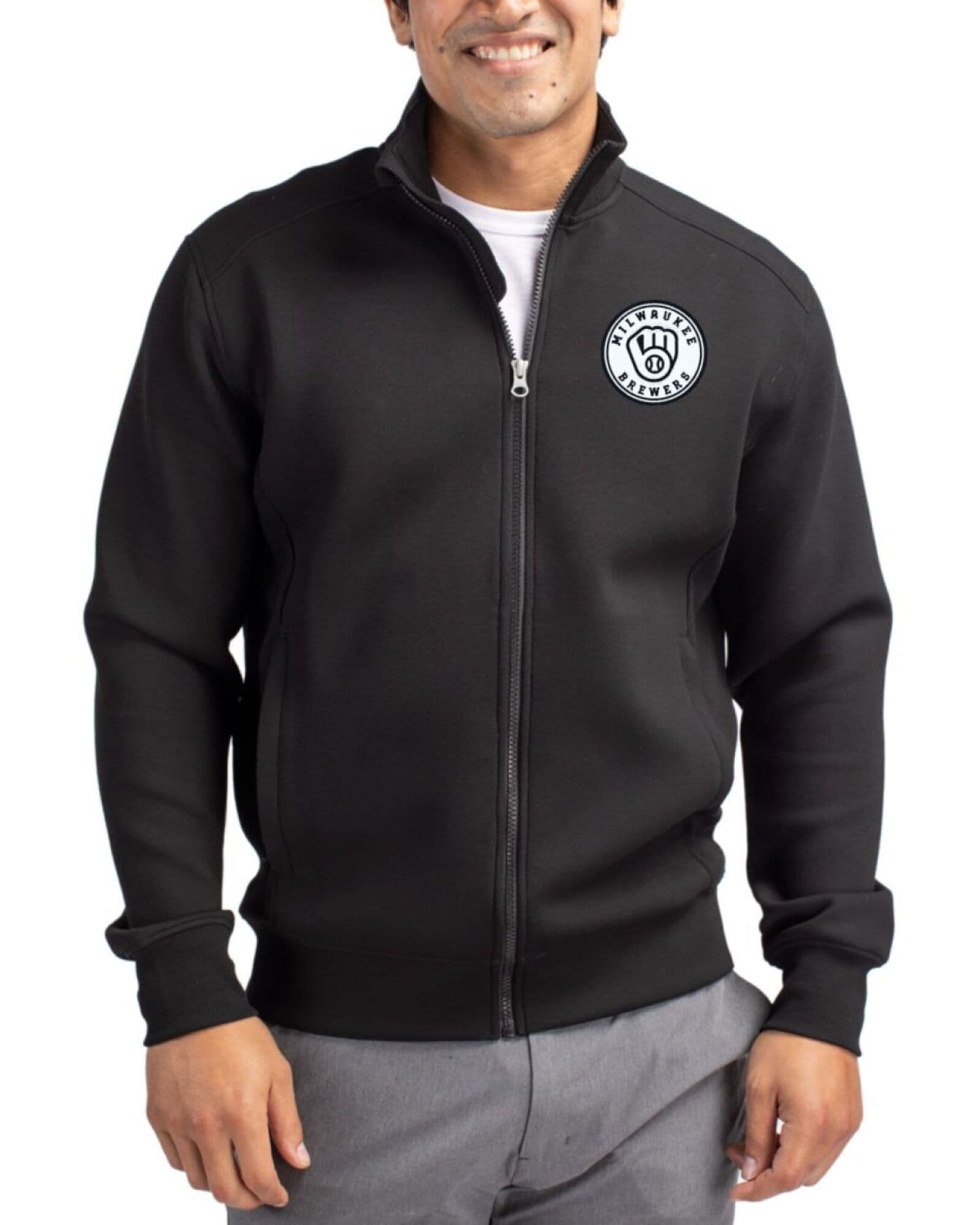 Men's Milwaukee Brewers Cutter & Buck Mono Black Roam Buttery-Soft Knit Full Zip Jacket
