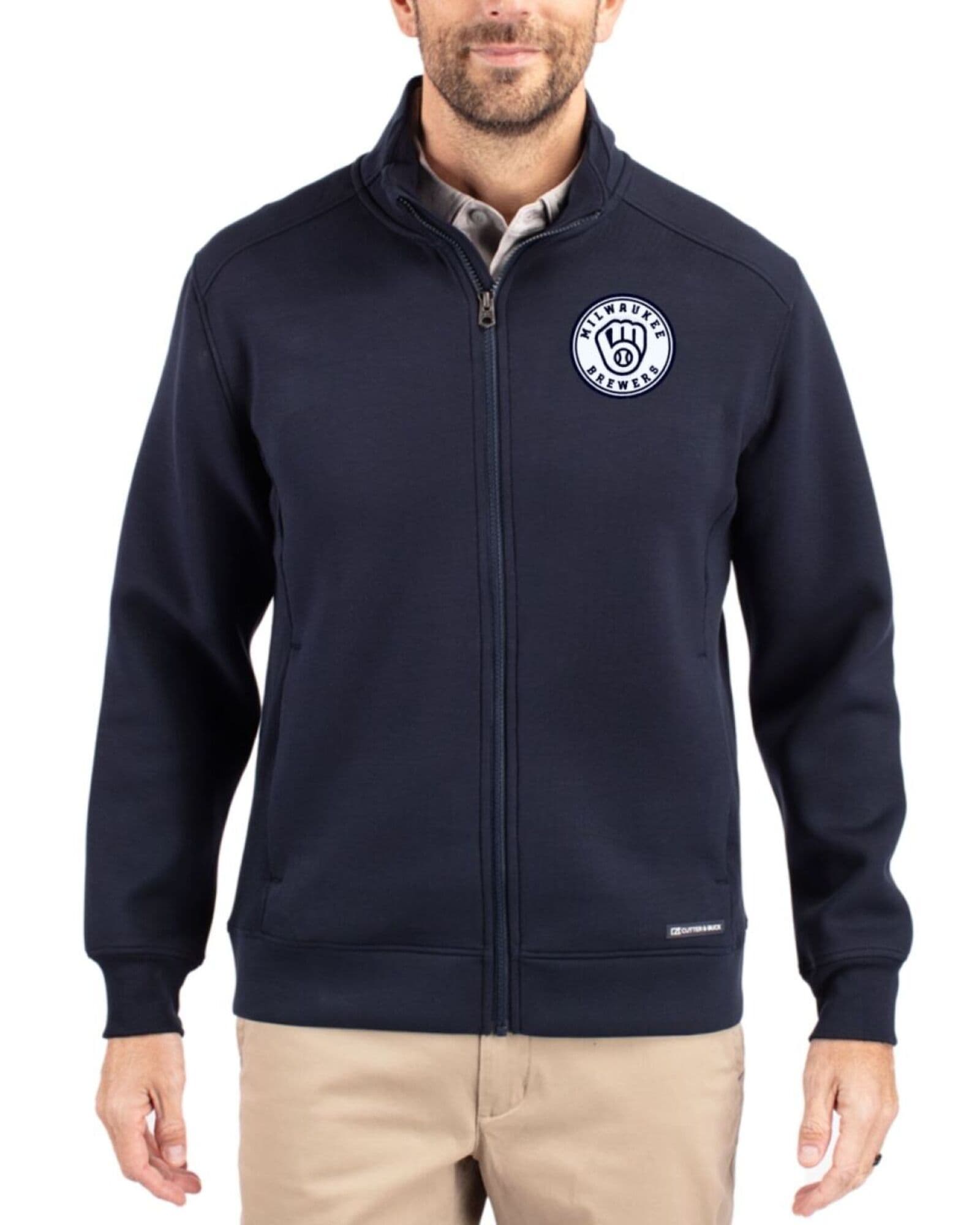 Men's Milwaukee Brewers Cutter & Buck Mono Navy Blue Roam Buttery-Soft Knit Full Zip Jacket