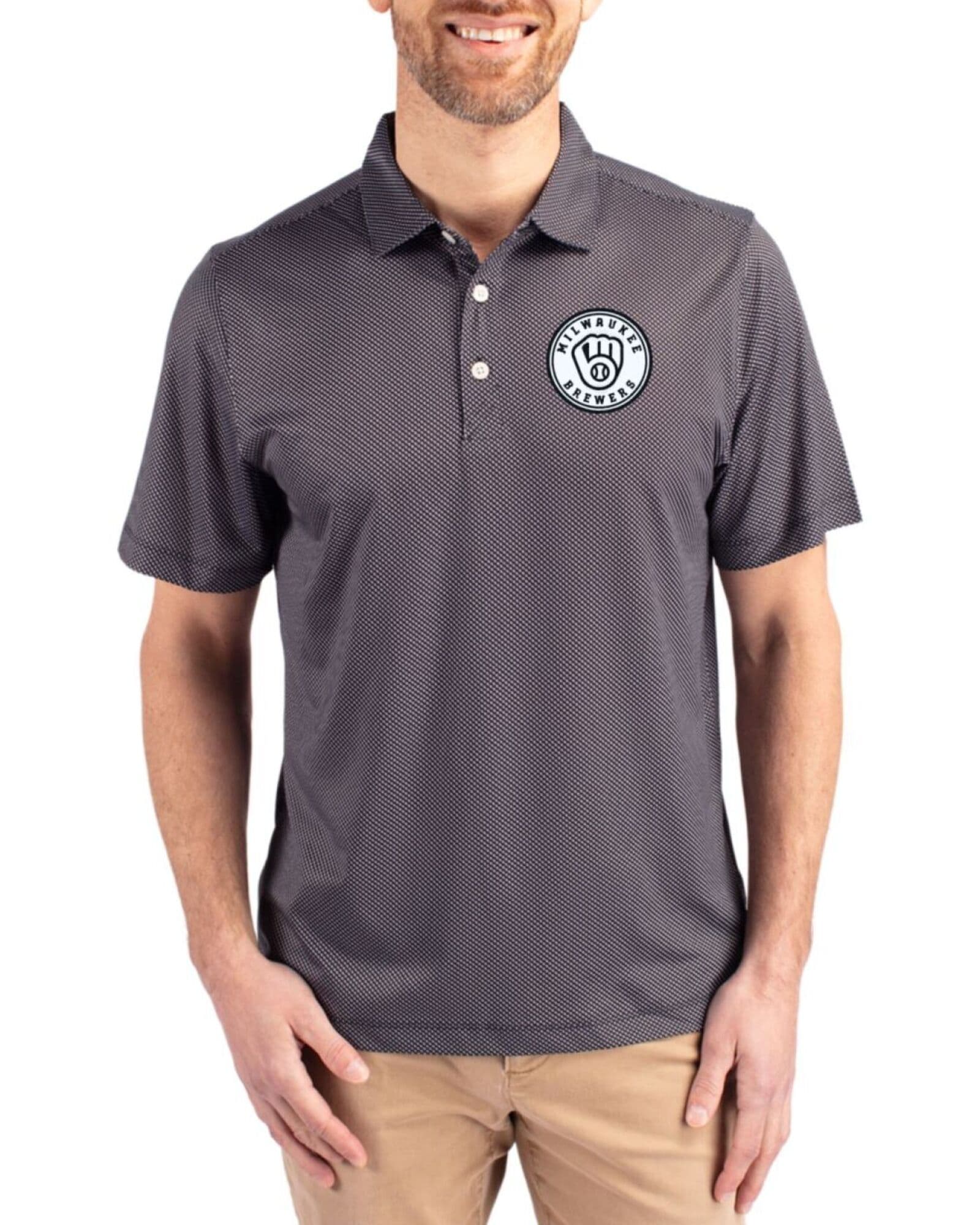 Men's Milwaukee Brewers Cutter & Buck Mono Black/White Pike Symmetry Print Polo