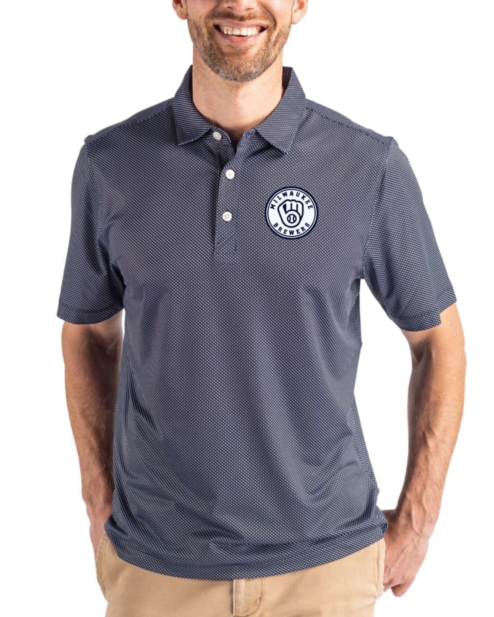 Men's Milwaukee Brewers Cutter & Buck Mono Navy Blue/White Pike Symmetry Print Polo