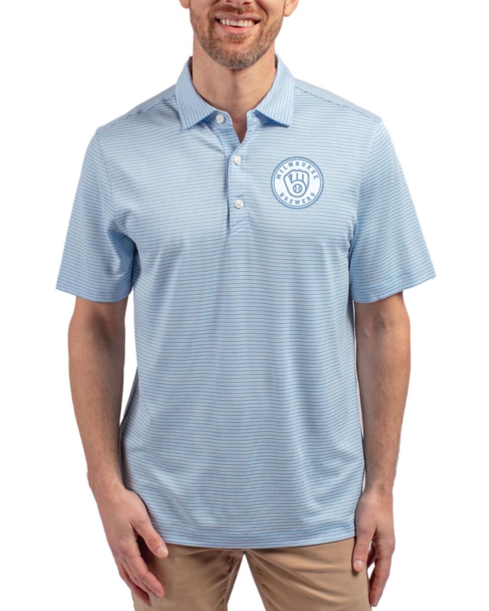 Men's Milwaukee Brewers Cutter & Buck Mono Atlas/White Forge Double Stripe Four-Way Stretch Polo