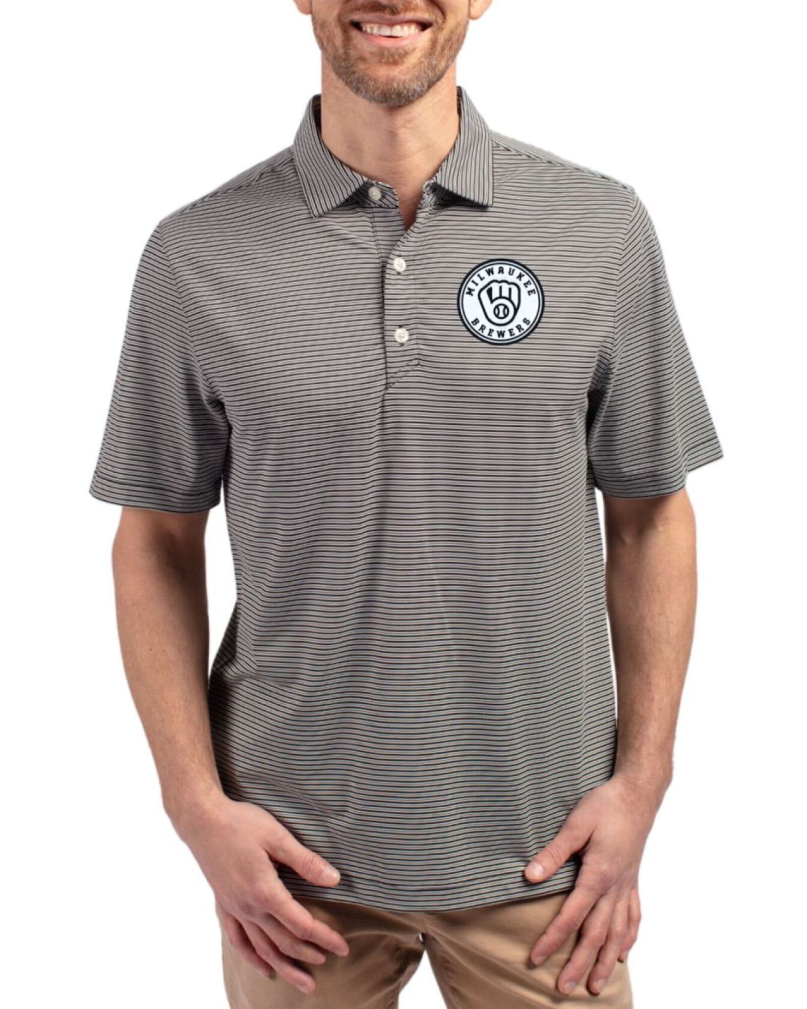 Men's Milwaukee Brewers Cutter & Buck Mono Black/White Forge Double Stripe Four-Way Stretch Polo