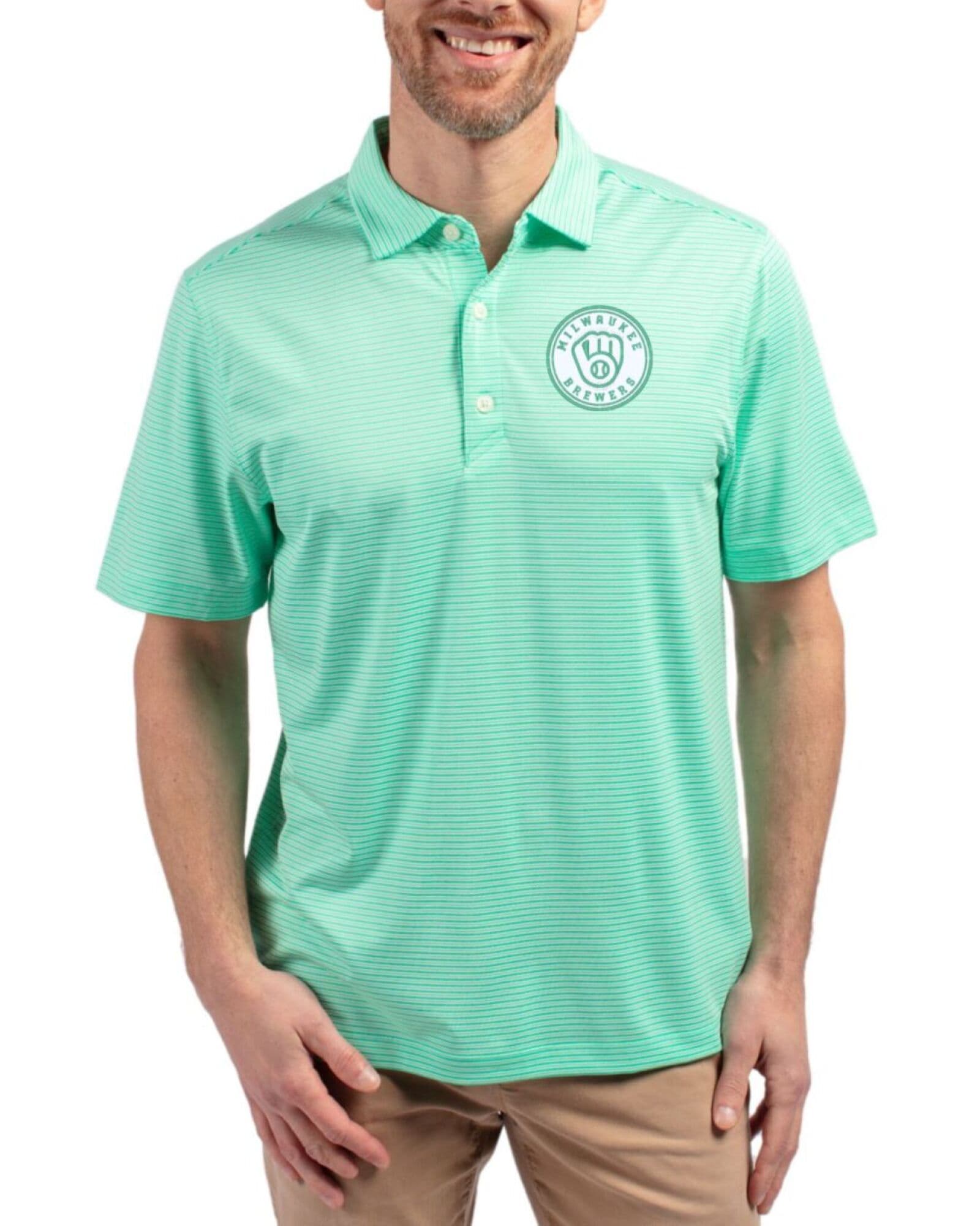 Men's Milwaukee Brewers Cutter & Buck Mono Fresh Mint/White Forge Double Stripe Four-Way Stretch Polo
