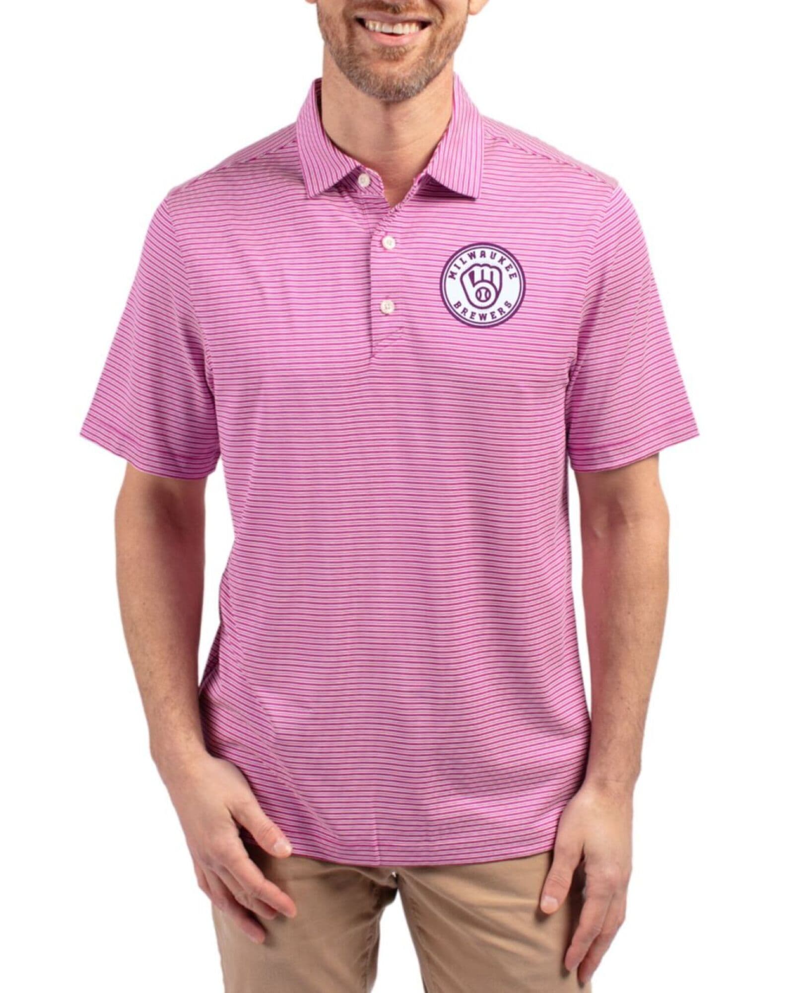 Men's Milwaukee Brewers Cutter & Buck Mono Gelato/White Forge Double Stripe Four-Way Stretch Polo