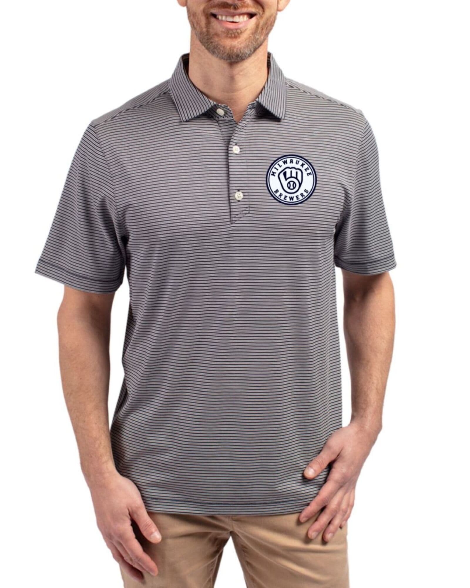 Men's Milwaukee Brewers Cutter & Buck Mono Navy Blue/White Forge Double Stripe Four-Way Stretch Polo