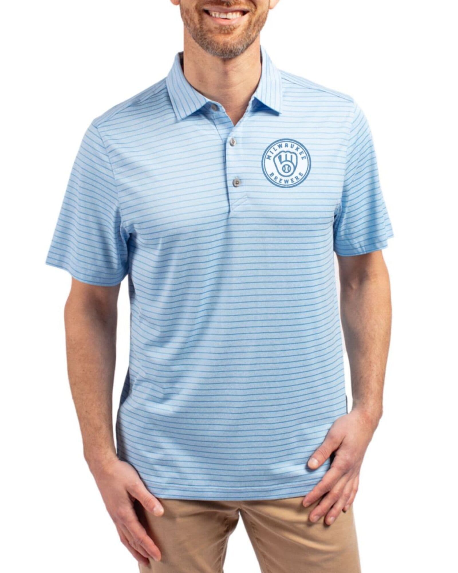 Men's Milwaukee Brewers Cutter & Buck Mono Atlas Heather Forge Heather Stripe Four-Way Stretch Polo