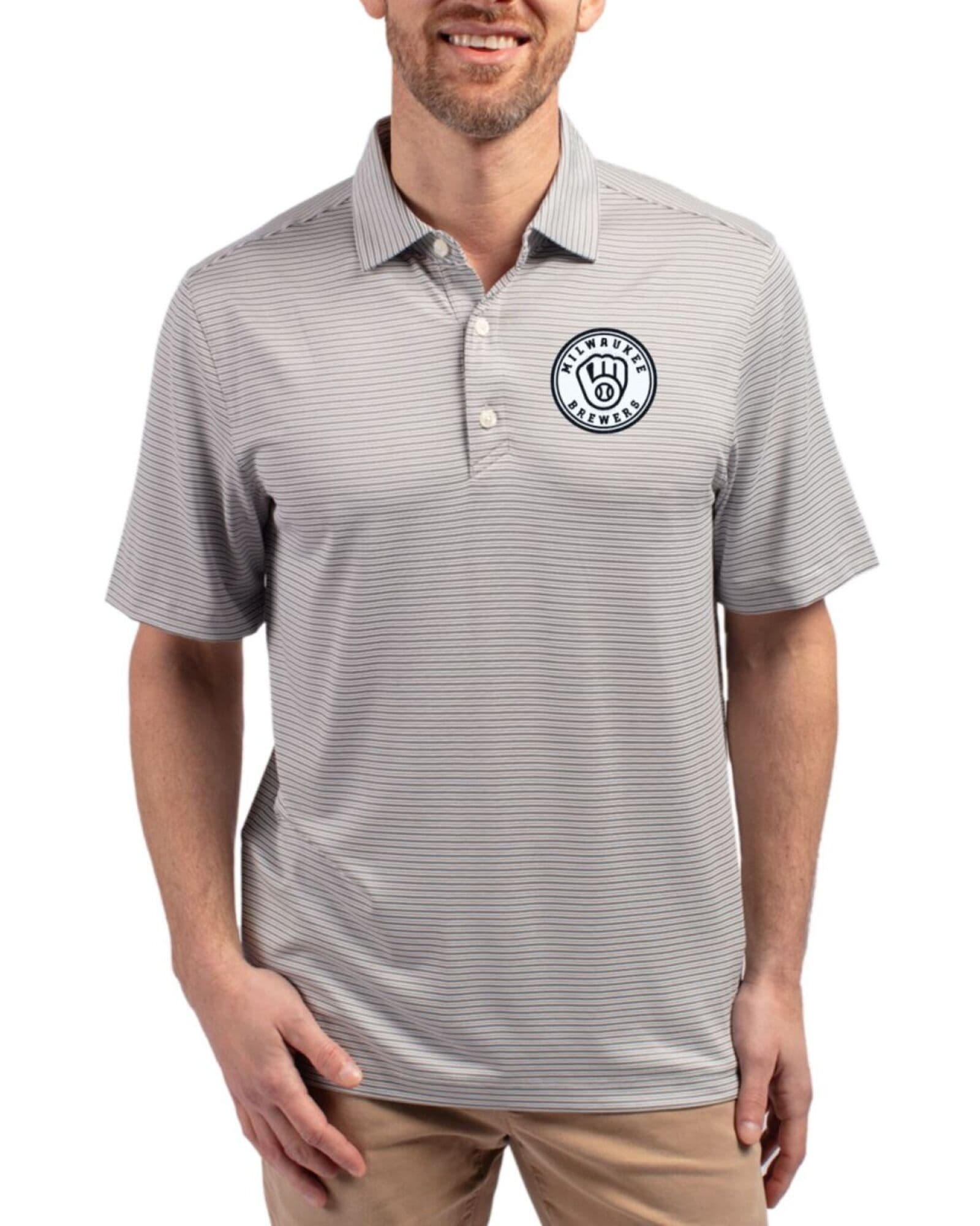 Men's Milwaukee Brewers Cutter & Buck Mono Polished/White Forge Double Stripe Four-Way Stretch Polo