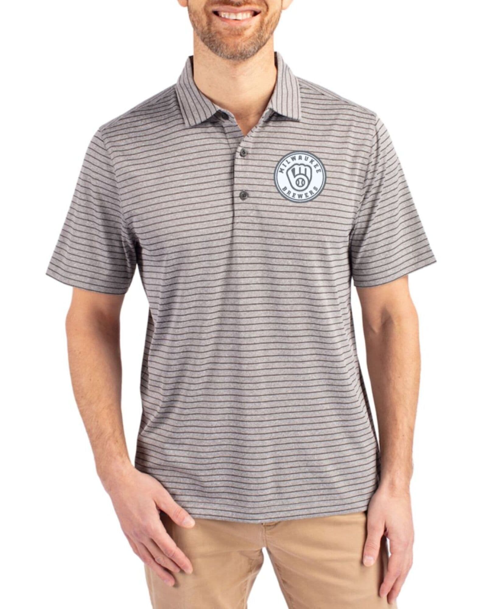 Men's Milwaukee Brewers Cutter & Buck Mono Elemental Grey Heather Forge Heather Stripe Four-Way Stretch Polo