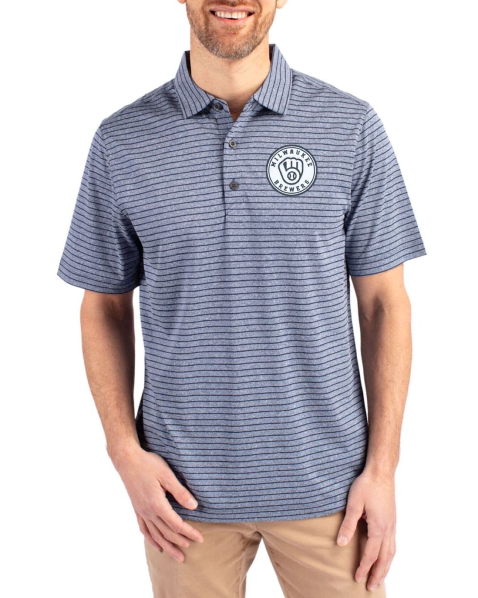 Men's Milwaukee Brewers Cutter & Buck Mono Navy Blue Heather Forge Heather Stripe Four-Way Stretch Polo