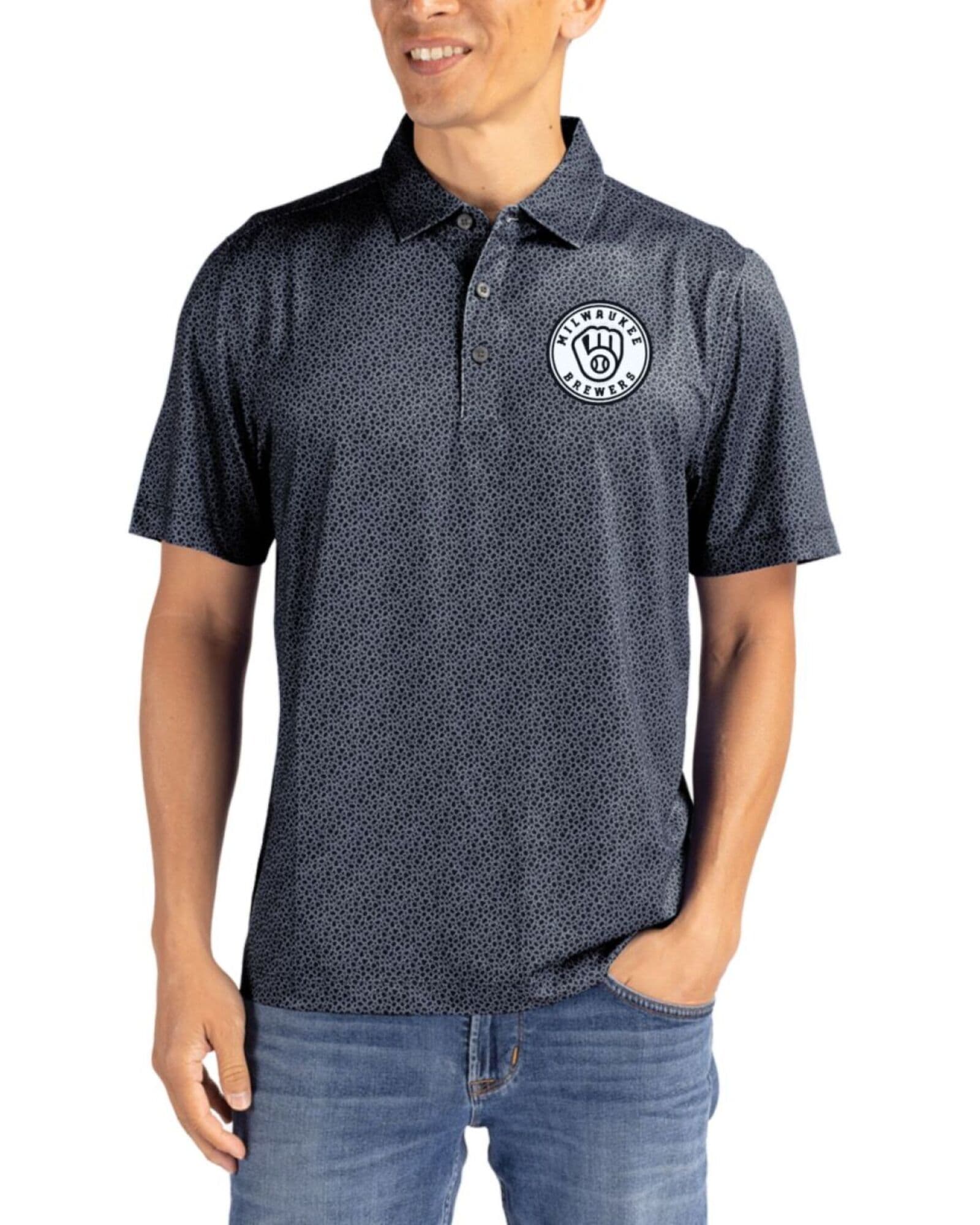 Men's Milwaukee Brewers Cutter & Buck Mono Black/White Pike Pebble Print Polo